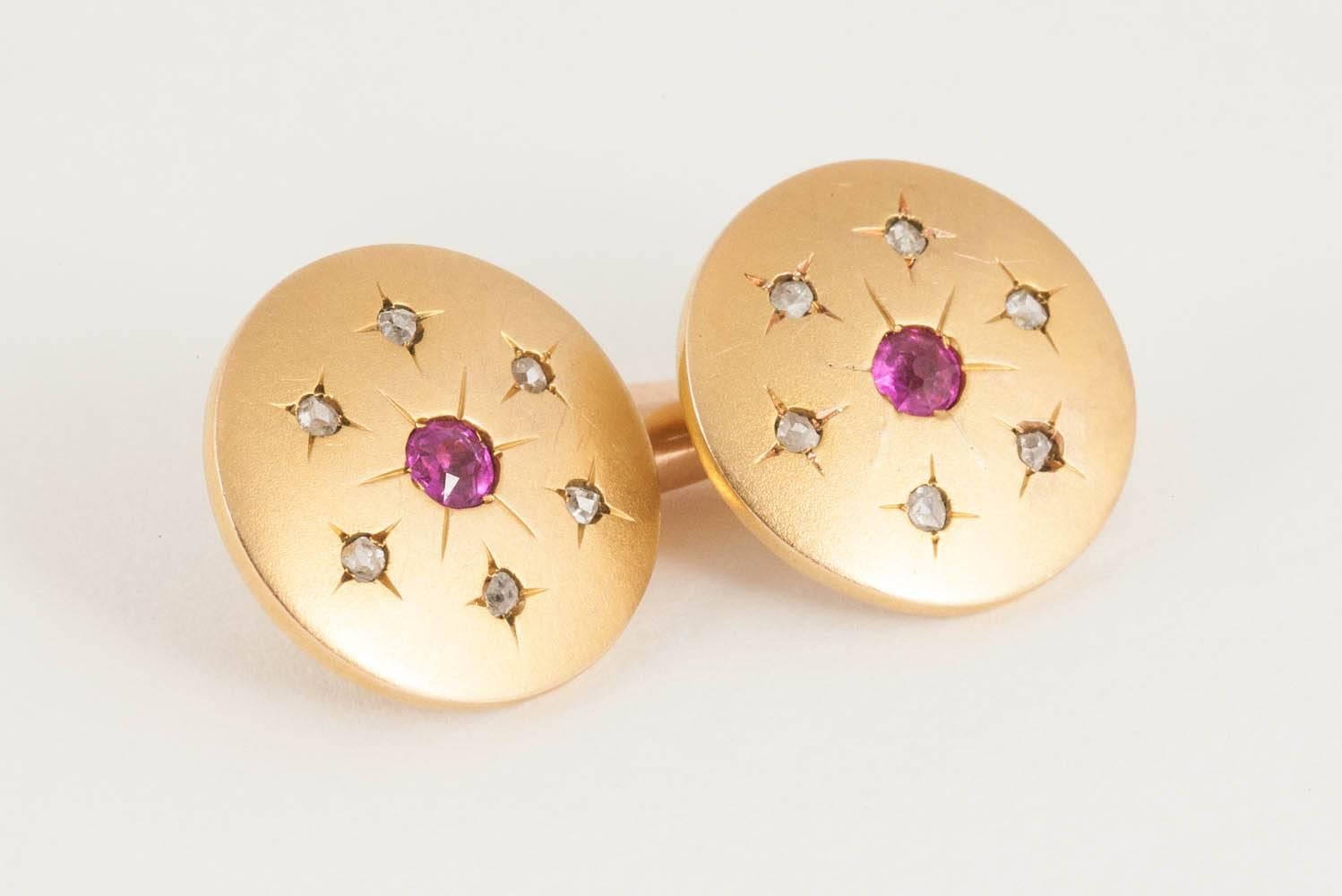 Cufflinks 14 Karat Gold, Rubies & Diamonds in a Star Setting, Austria circa 1890 For Sale 1