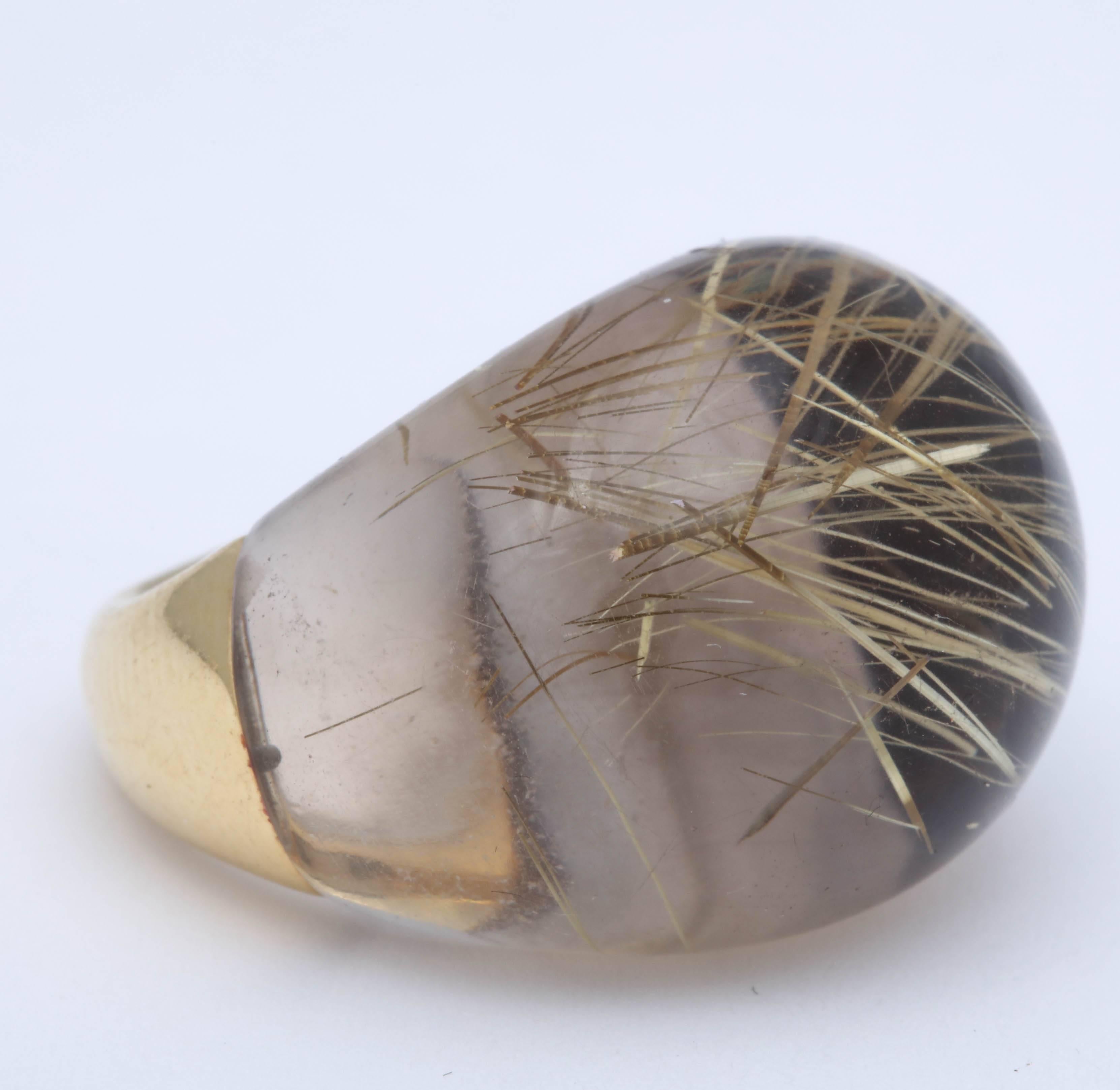 Modern Rutilated Quartz and Gold Dome Ring For Sale