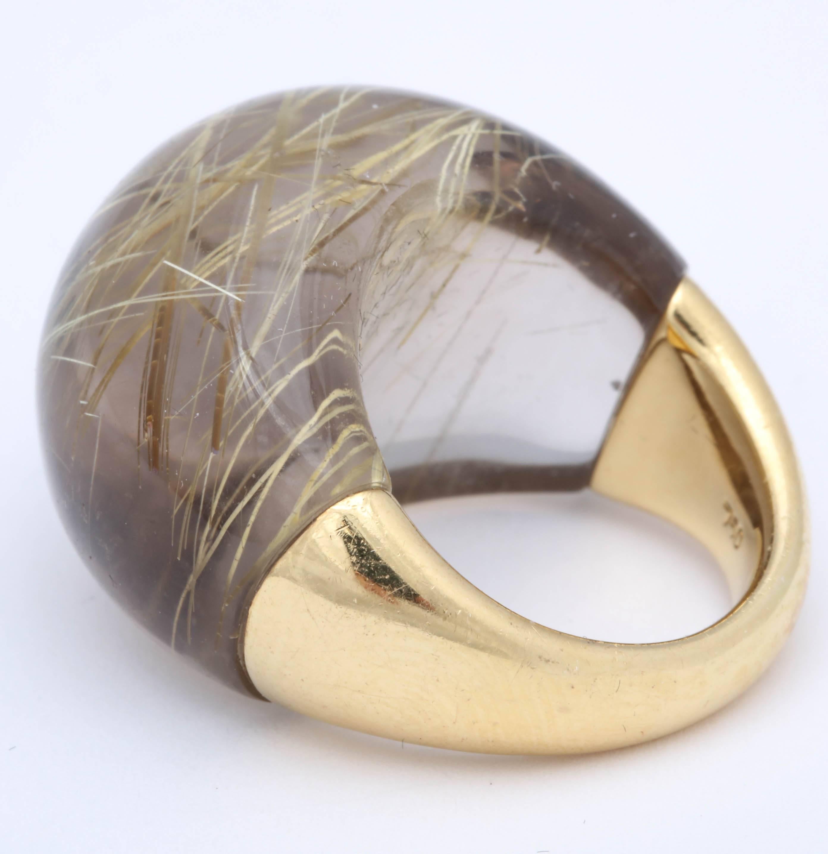Rutilated Quartz and Gold Dome Ring In Excellent Condition For Sale In New York, NY
