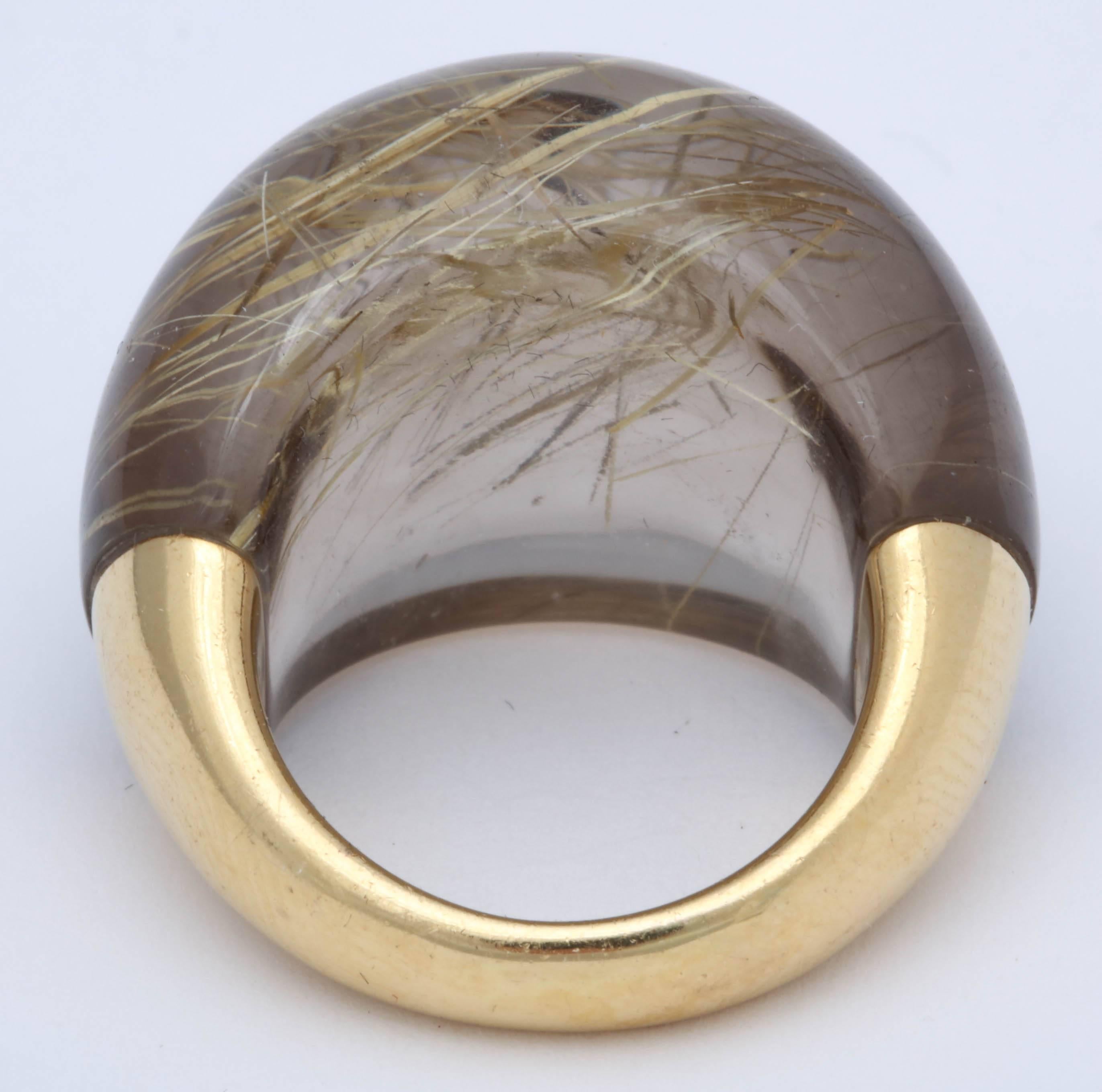Women's or Men's Rutilated Quartz and Gold Dome Ring For Sale