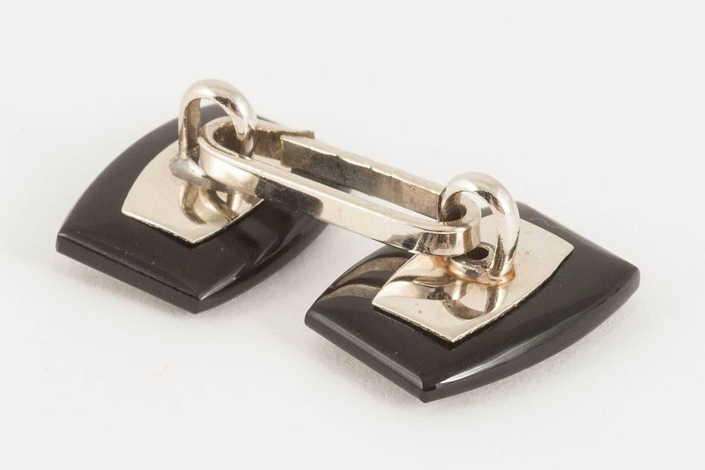 Cufflinks, Onyx in 18 Carat White Gold Set Centre Diamond, circa 1950 In Excellent Condition In London, GB