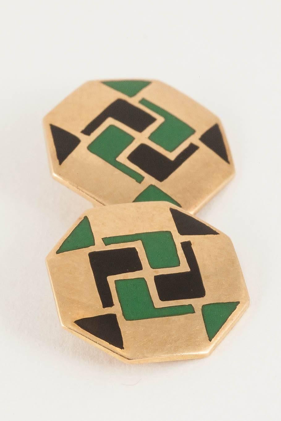 Women's or Men's  Art Deco Octagonal Cufflinks in 18 Karat Gold & Enamel, French circa 1930 For Sale