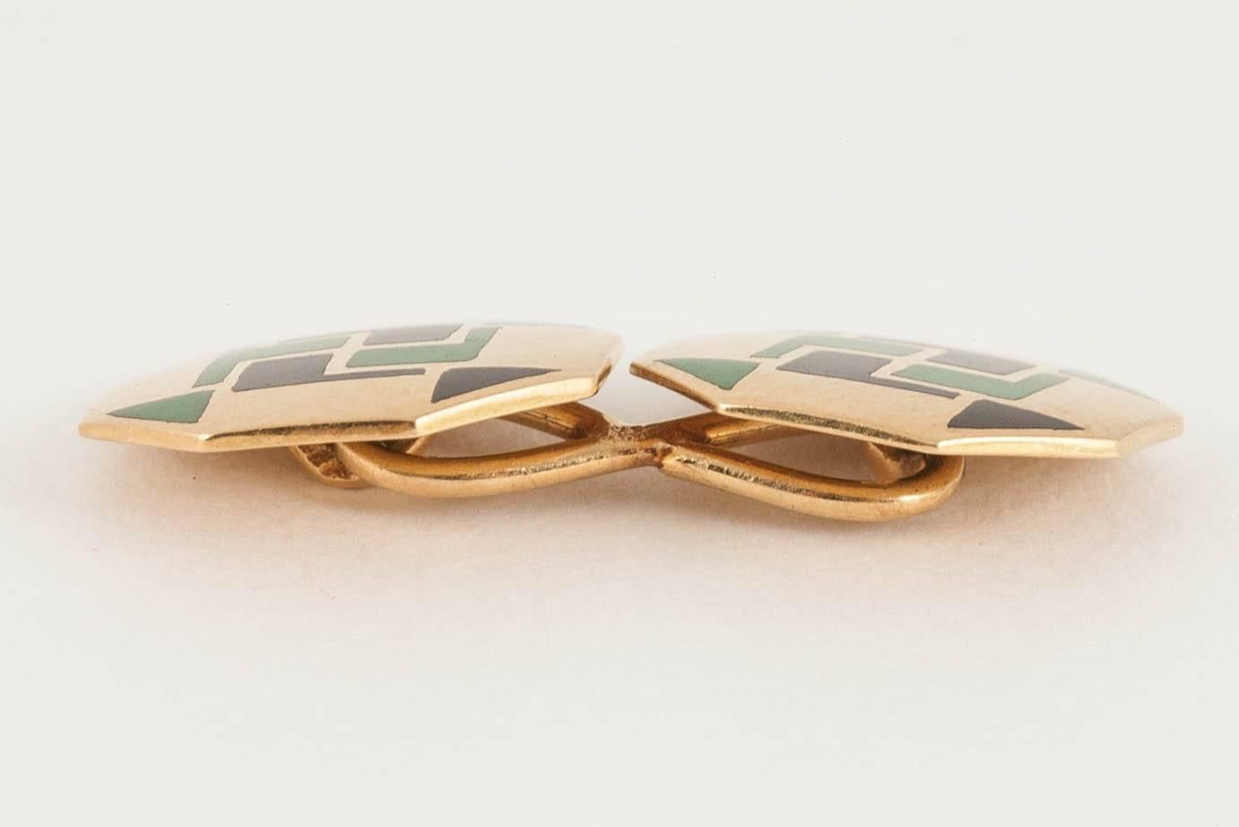  Art Deco Octagonal Cufflinks in 18 Karat Gold & Enamel, French circa 1930 For Sale 1