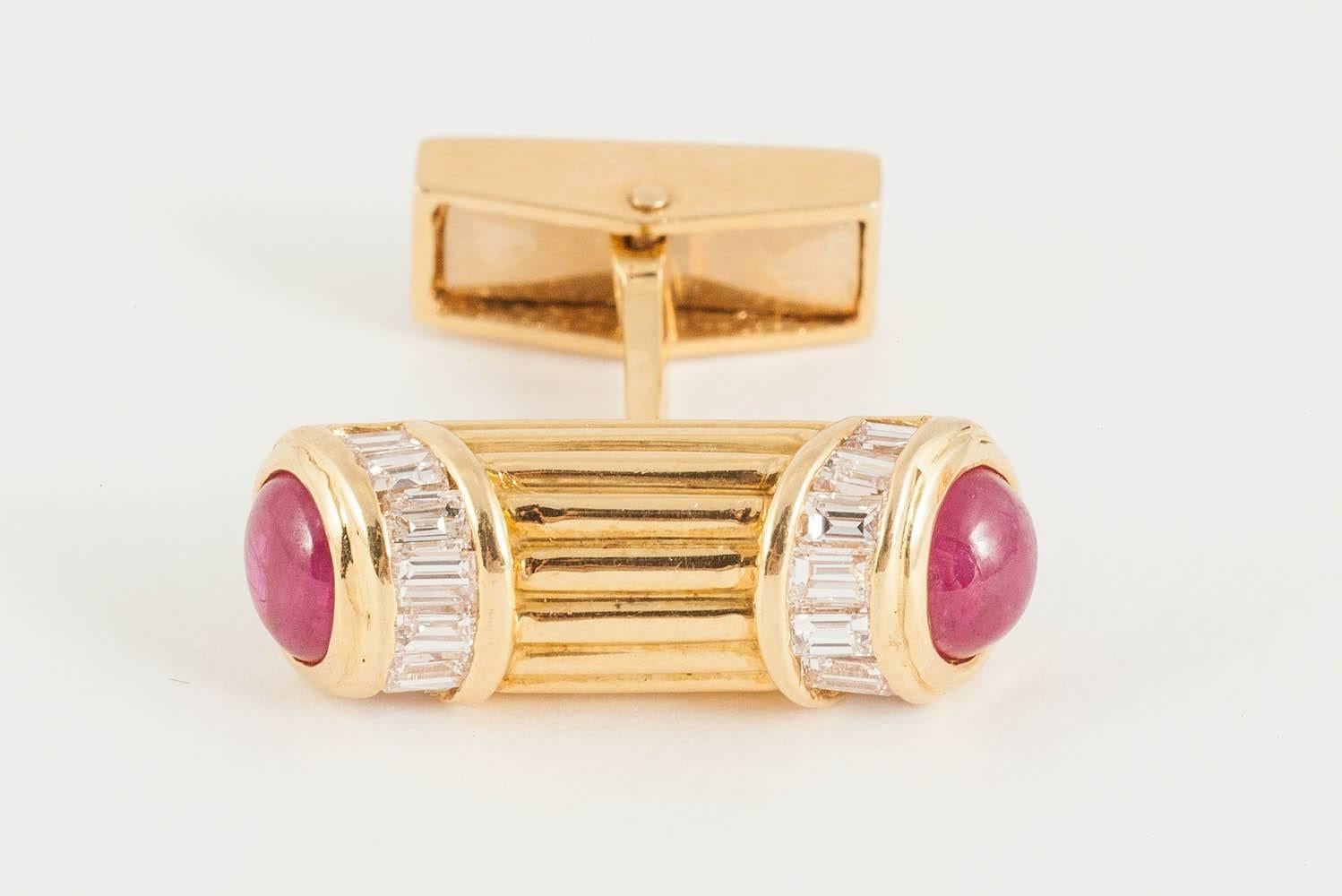 Baguette Cut Cufflinks 1970s Adler of London Diamond, Ruby, 18 Carat Gold