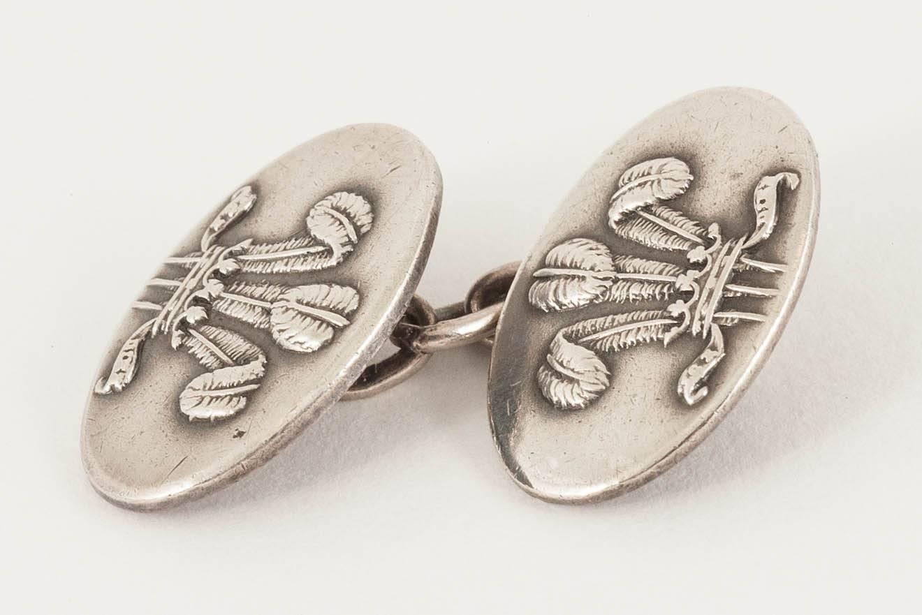 High Victorian Cufflinks, Oval Silver with the Prince of Wales Feathers, Chester, 1962