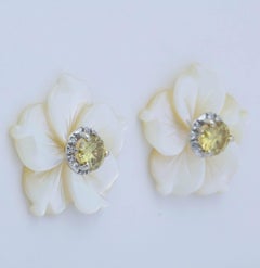 Yellow Diamond Studs with Black and White Mother-of-Pearl Flower Jackets