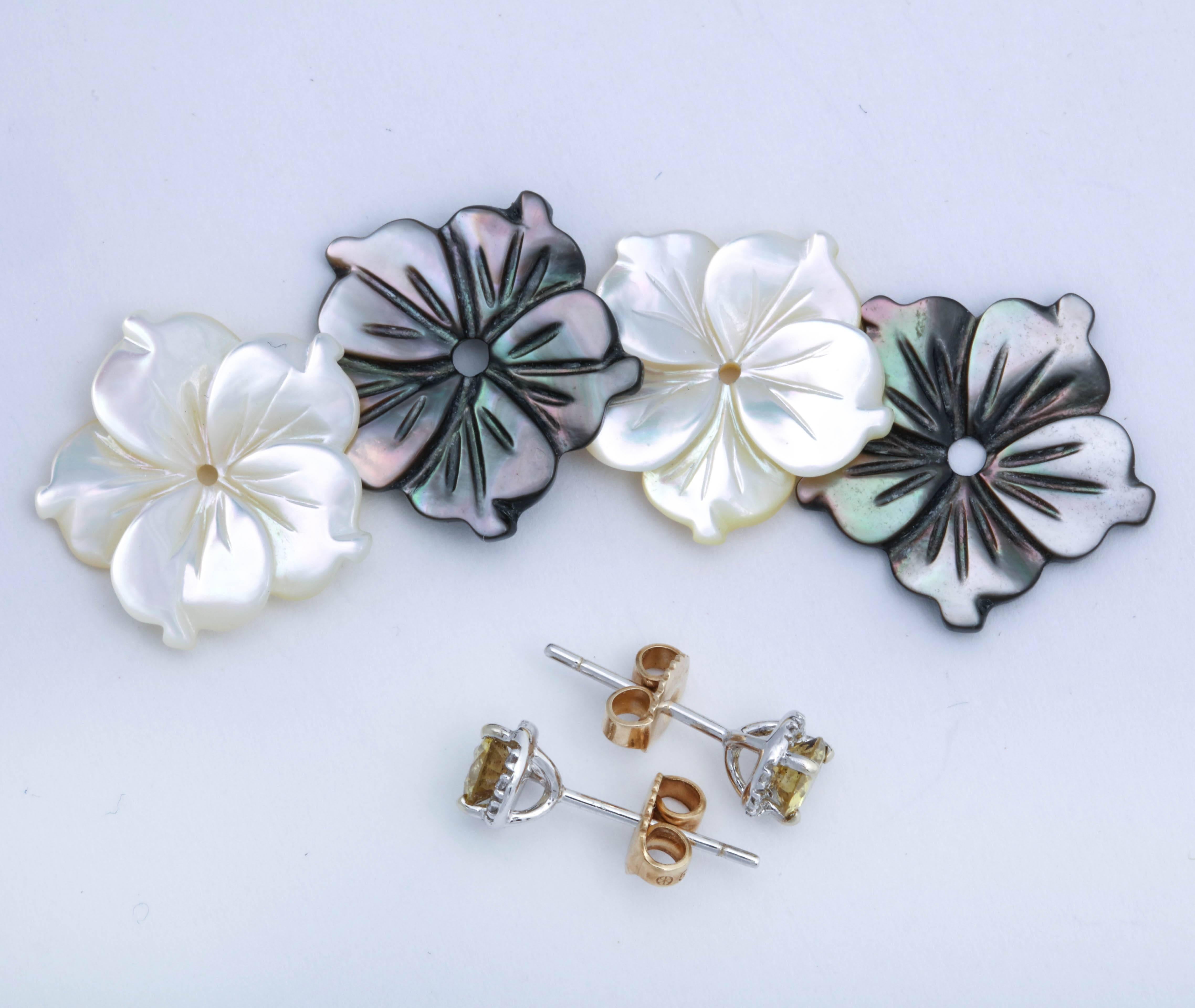 Yellow Diamond Studs with Black and White Mother-of-Pearl Flower Jackets In New Condition For Sale In TRYON, NC
