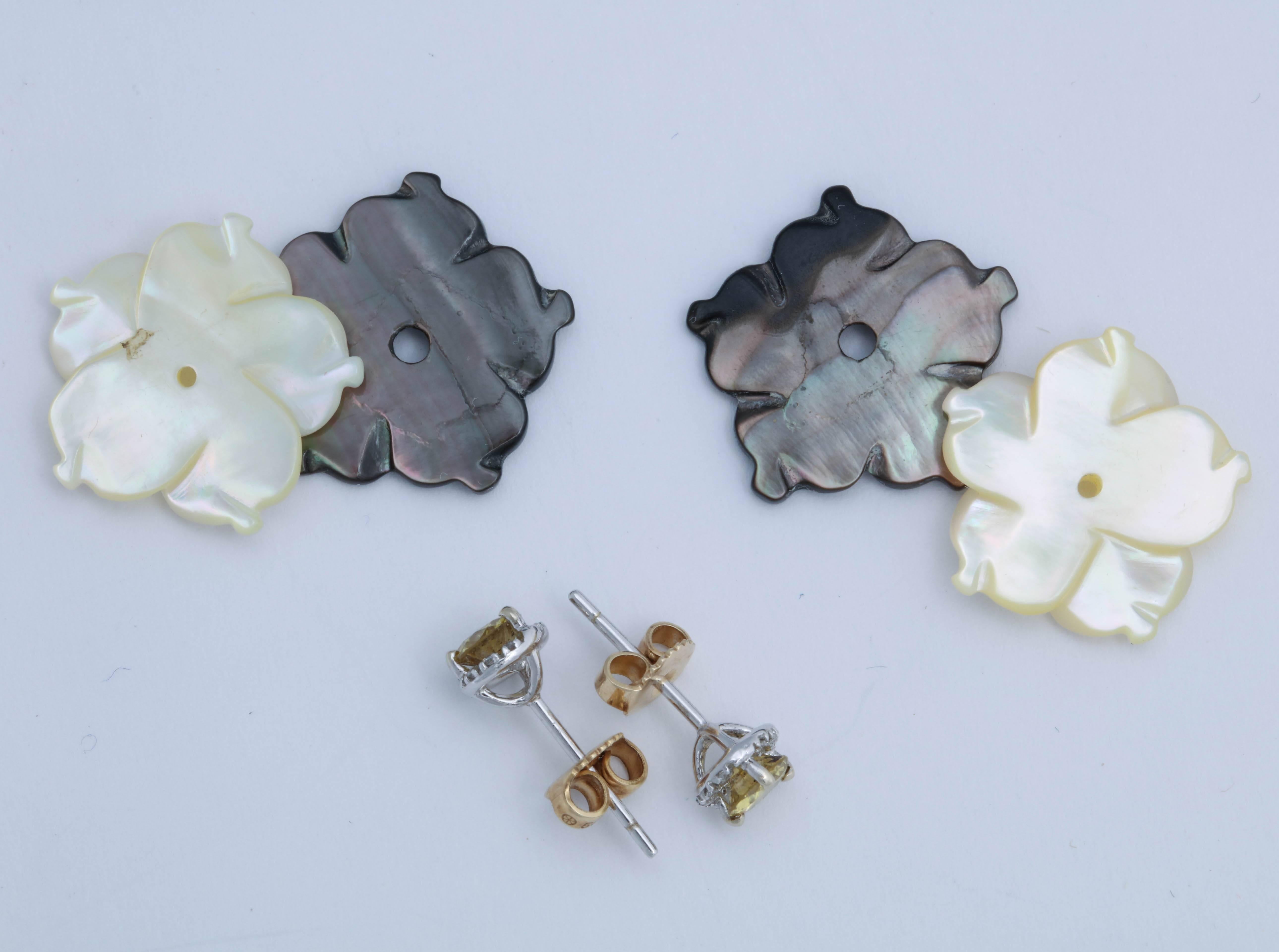 Yellow Diamond Studs with Black and White Mother-of-Pearl Flower Jackets For Sale 1