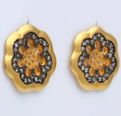 22 Karat Gold Silver and Diamond Flower Shaped Earrings