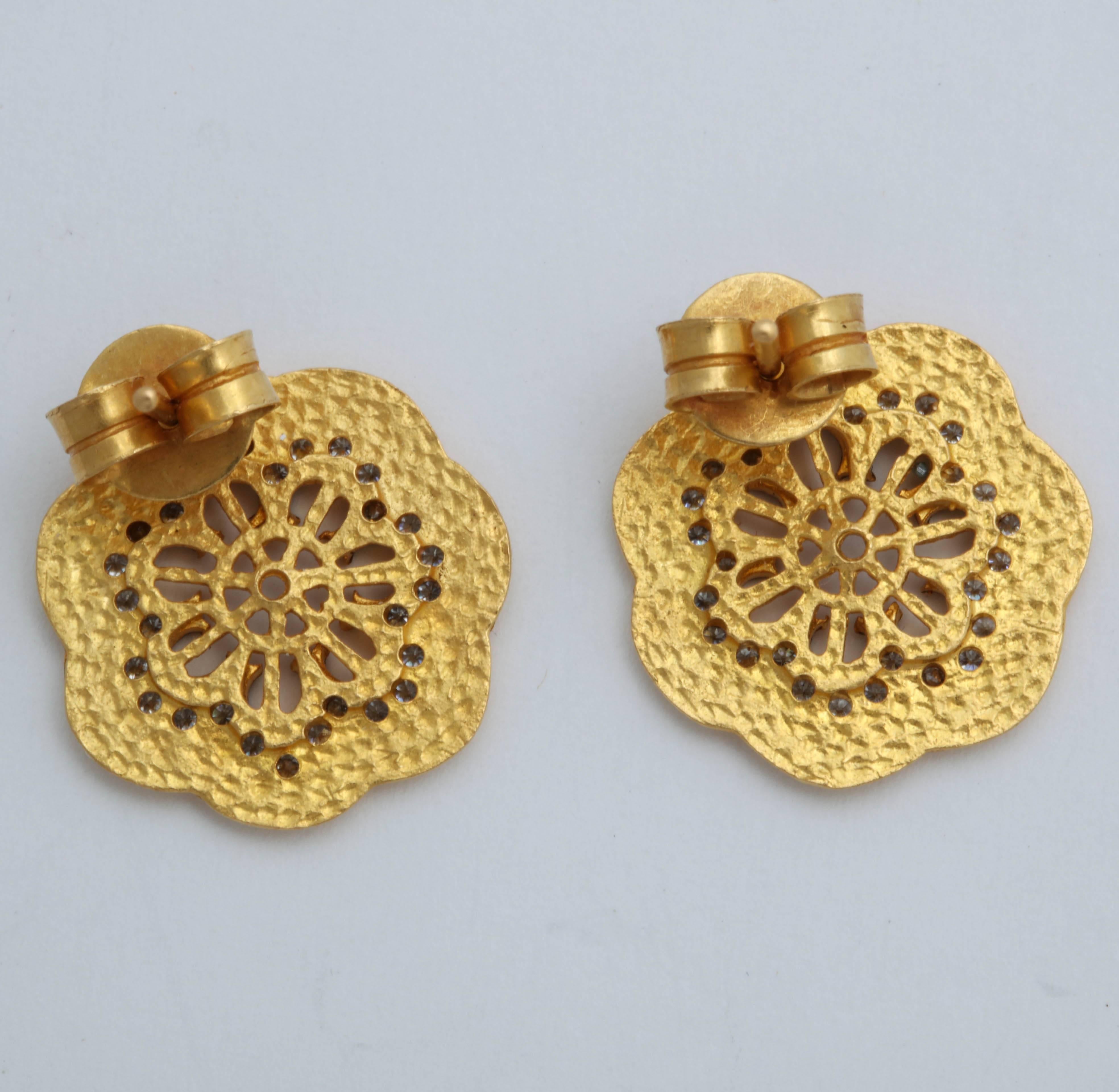 Artisan 22 Karat Gold Silver and Diamond Flower Shaped Earrings For Sale