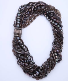 Smoky Topaz and Pearl Torsade Multistrand Necklace