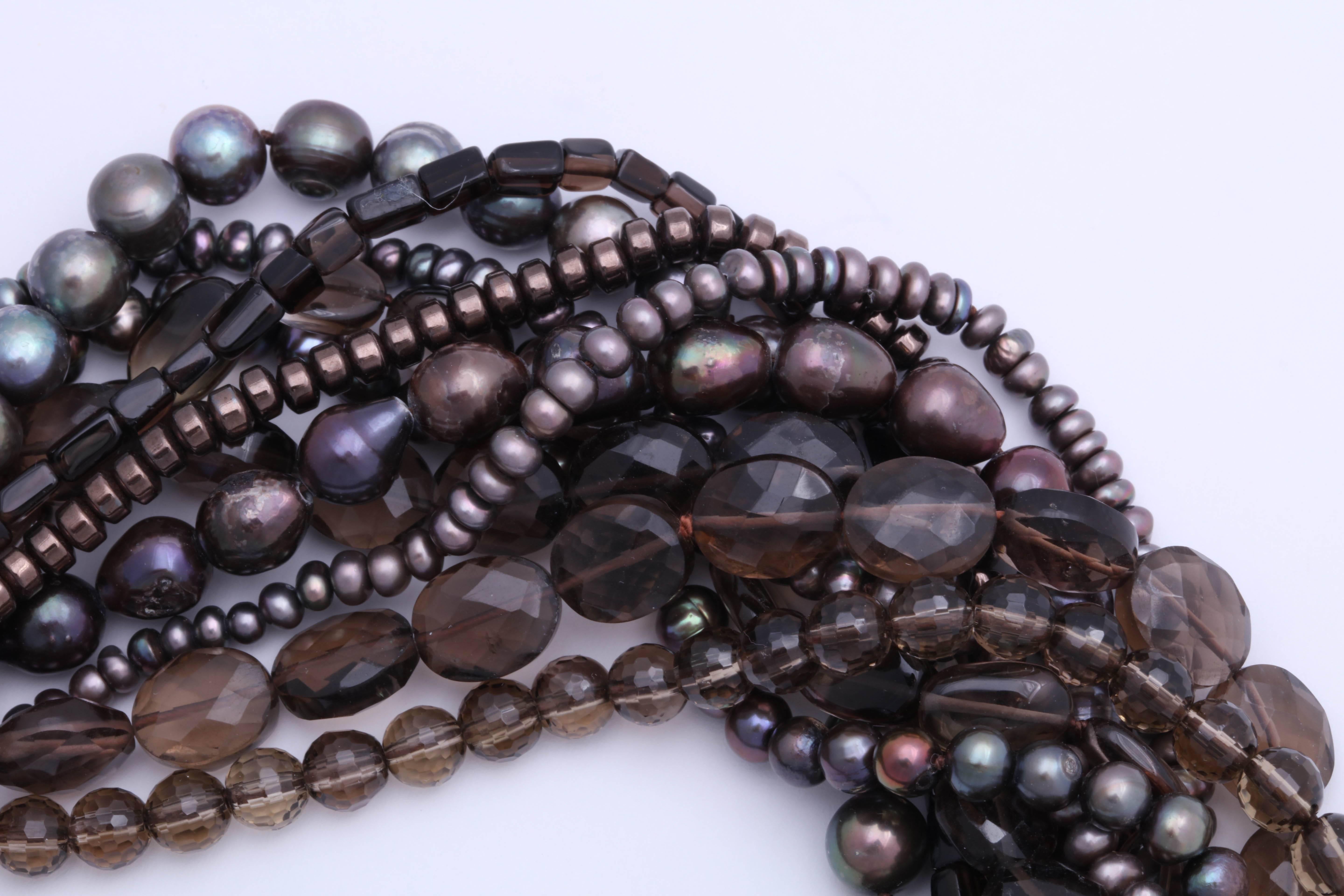 Smoky Topaz and Pearl Torsade Multistrand Necklace For Sale 1