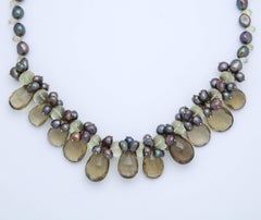 Lemon Quartz Briolette and Brown Pearl Necklace