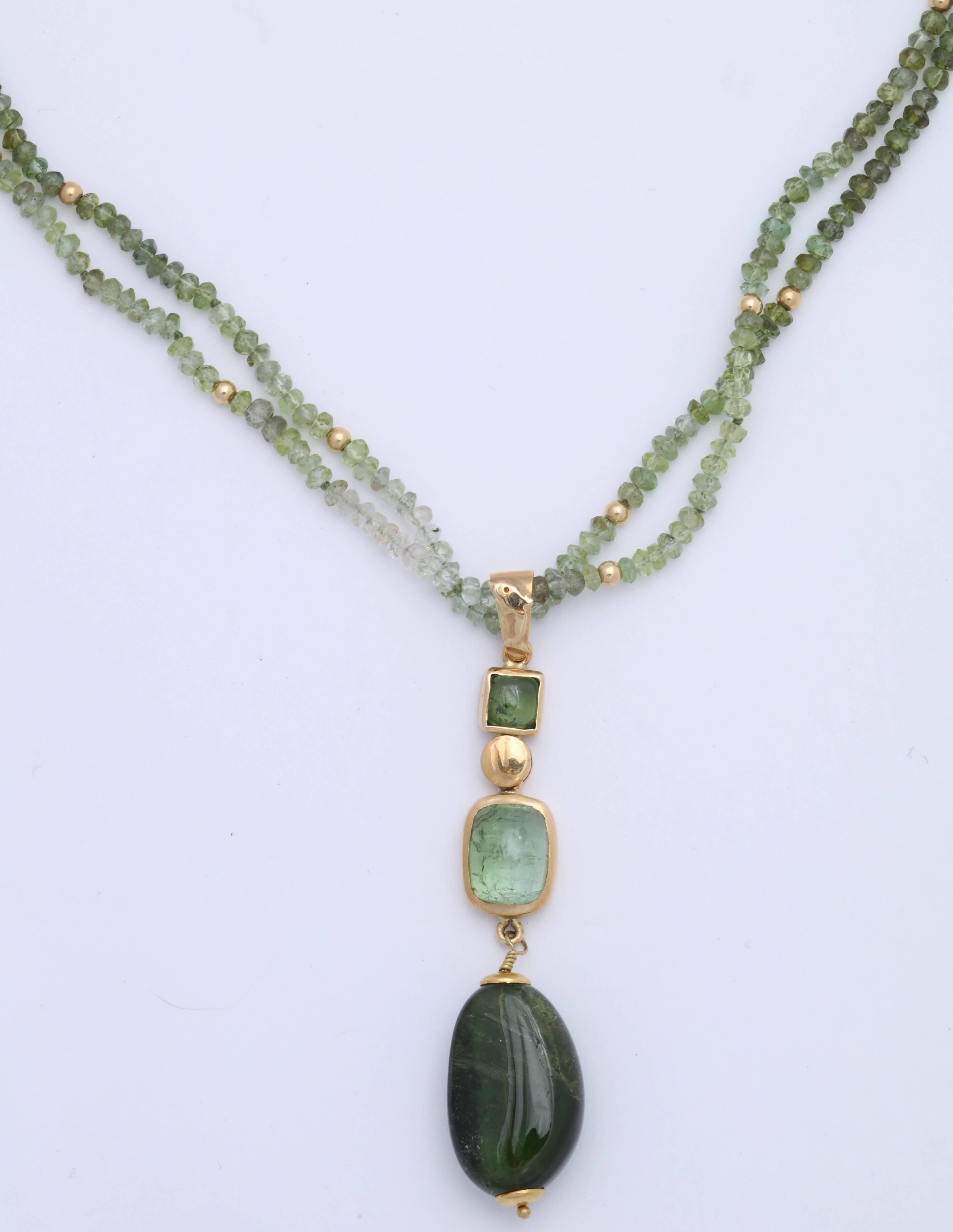 Artisan Green Tourmaline Bead and Cabochon Necklace For Sale