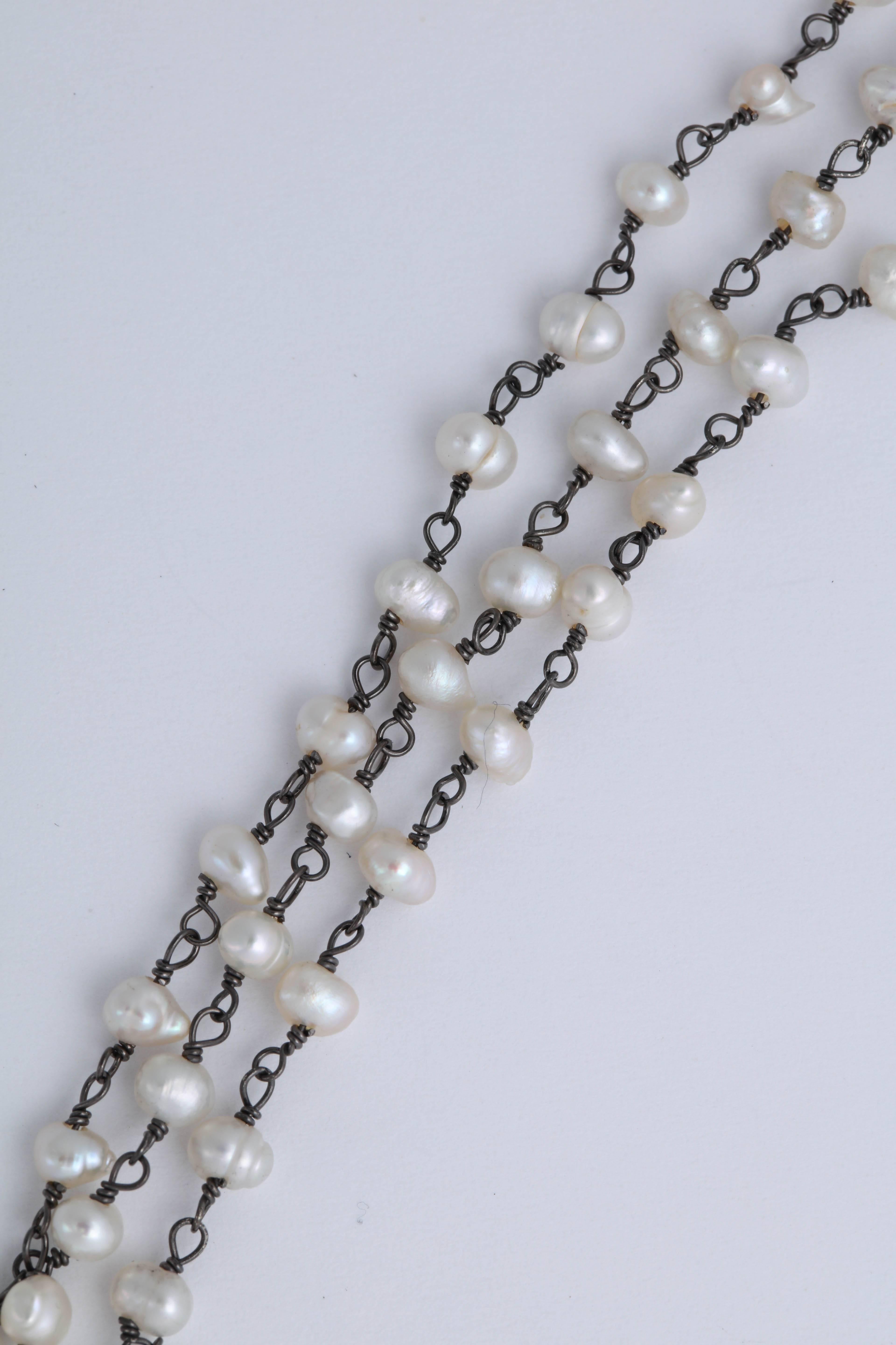Silver Wrapped Pearl Necklace with Coin Pearl Stations In New Condition For Sale In TRYON, NC