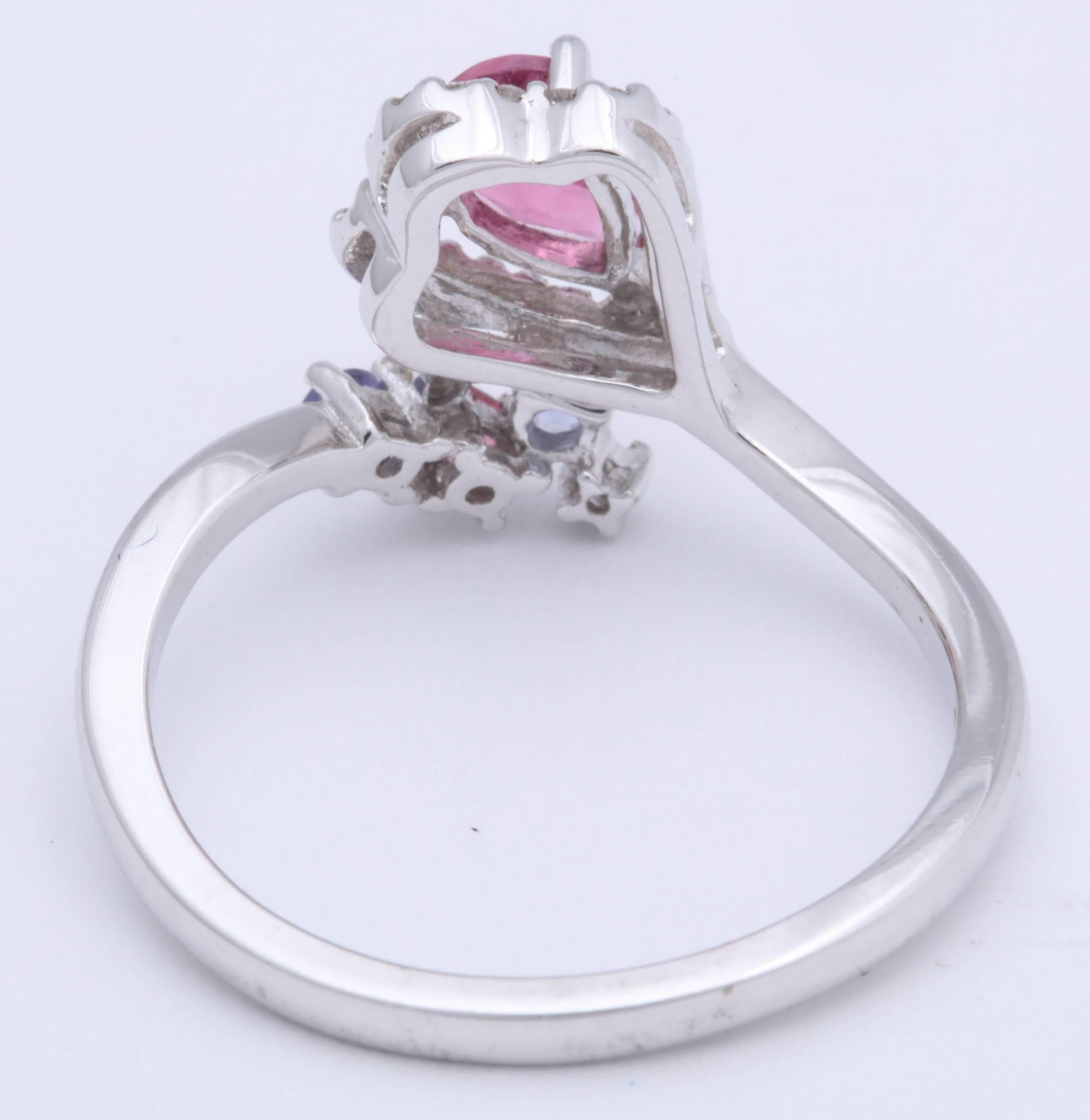 Pear Cut Pink Tourmaline Tanzanite Diamond White Gold Ring For Sale