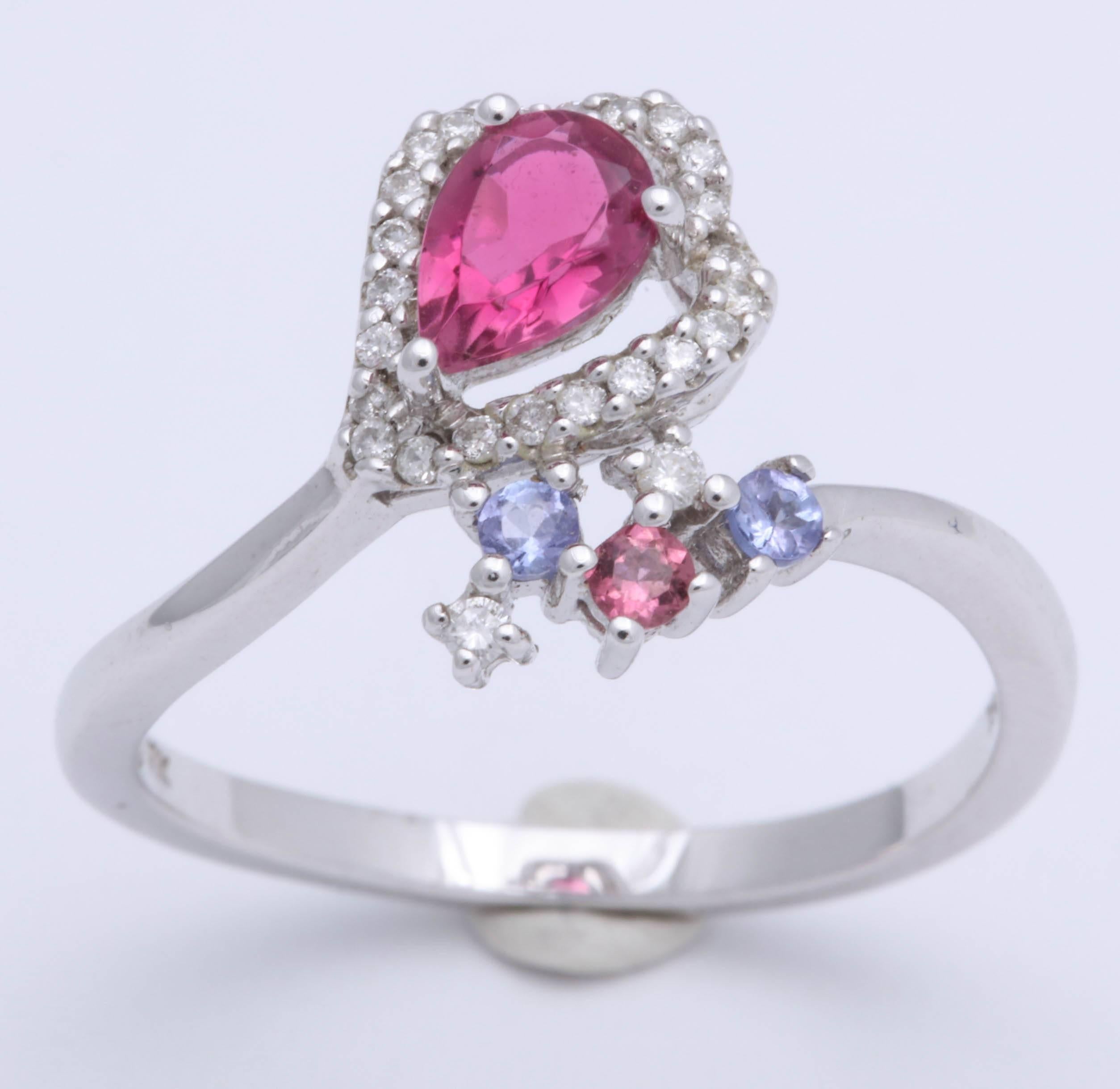 Pink Tourmaline Tanzanite Diamond White Gold Ring In New Condition For Sale In TRYON, NC