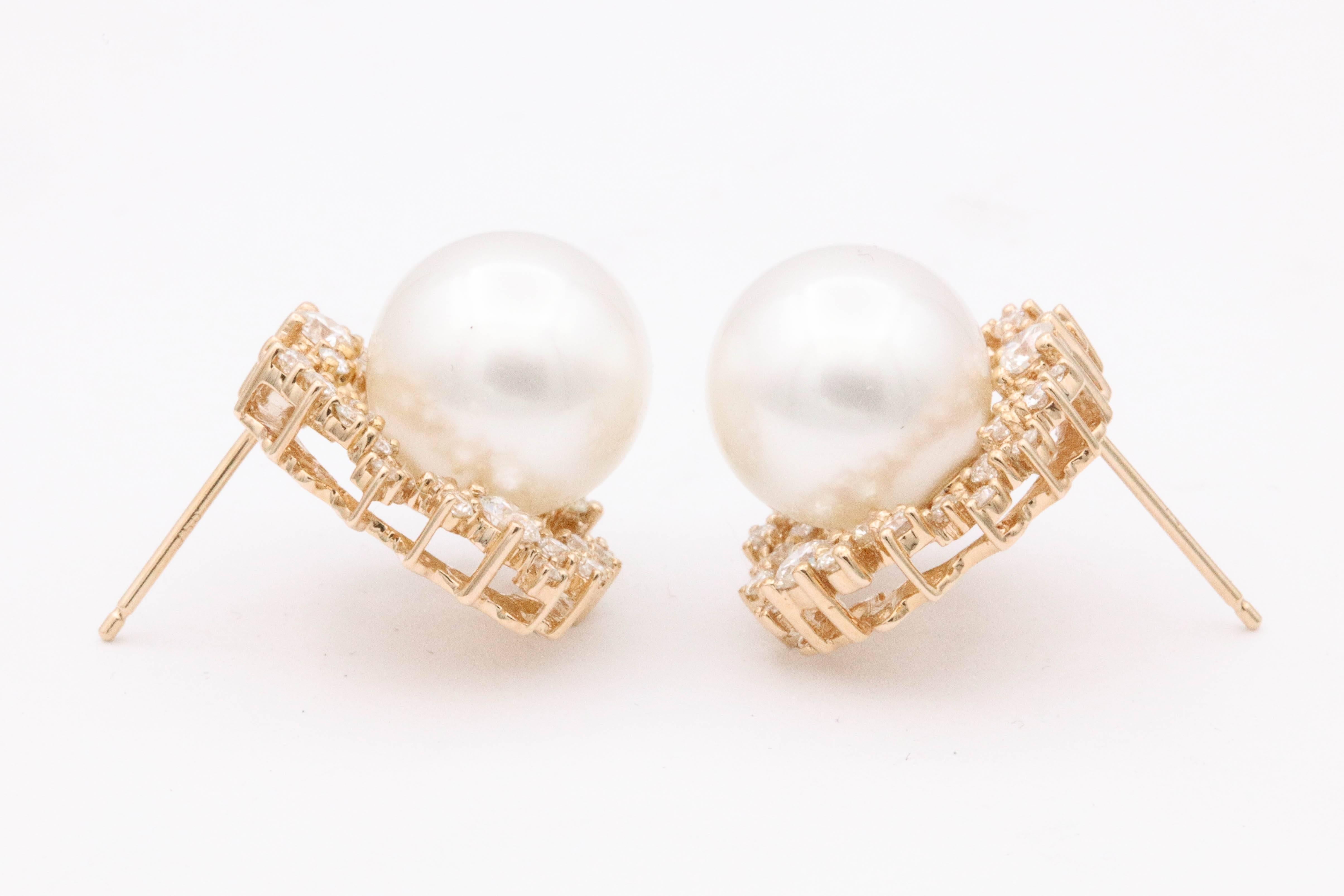 Contemporary South Sea Pearl and Diamonds with Rose Gold  Studs Earrings
