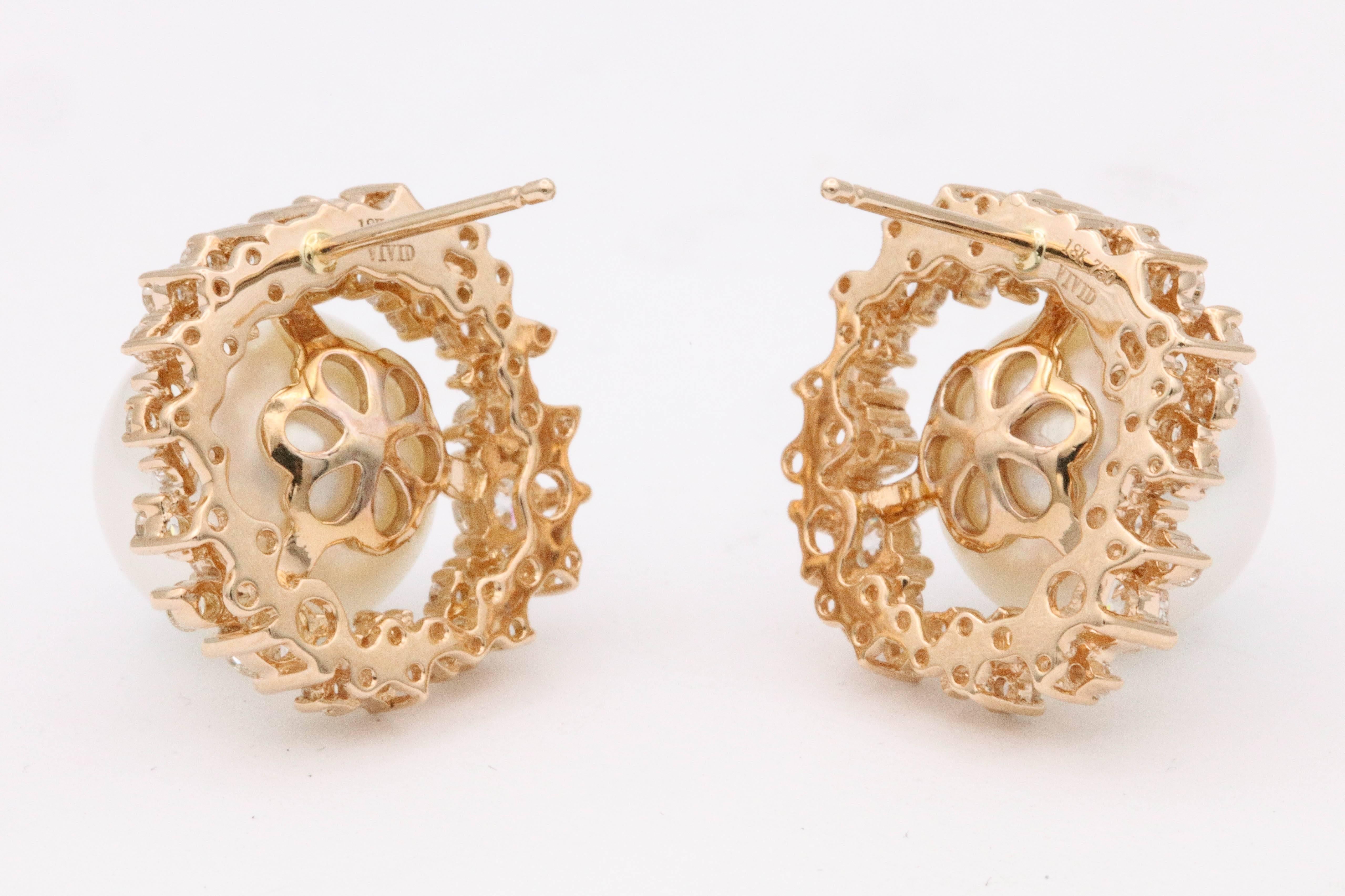 Round Cut South Sea Pearl and Diamonds with Rose Gold  Studs Earrings