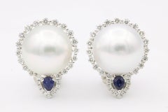 South Sea Pearl and Diamond with Sapphire Accent Studs Earrings