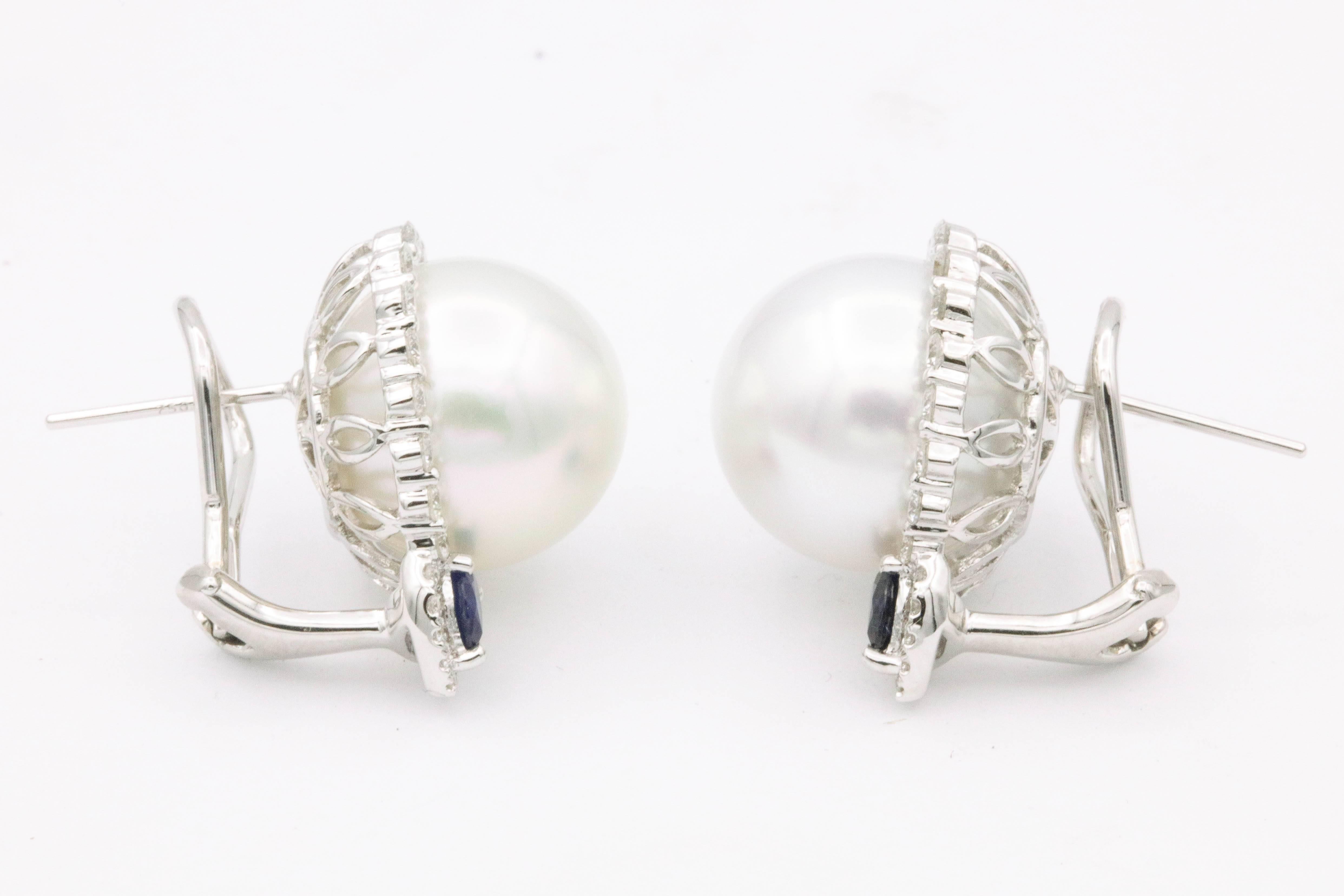 Round Cut South Sea Pearl and Diamond with Sapphire Accent Studs Earrings For Sale