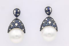 Sapphire & Diamond South Sea Pearl Drop Earrings 3.52 Carats 18 Karat White Gold