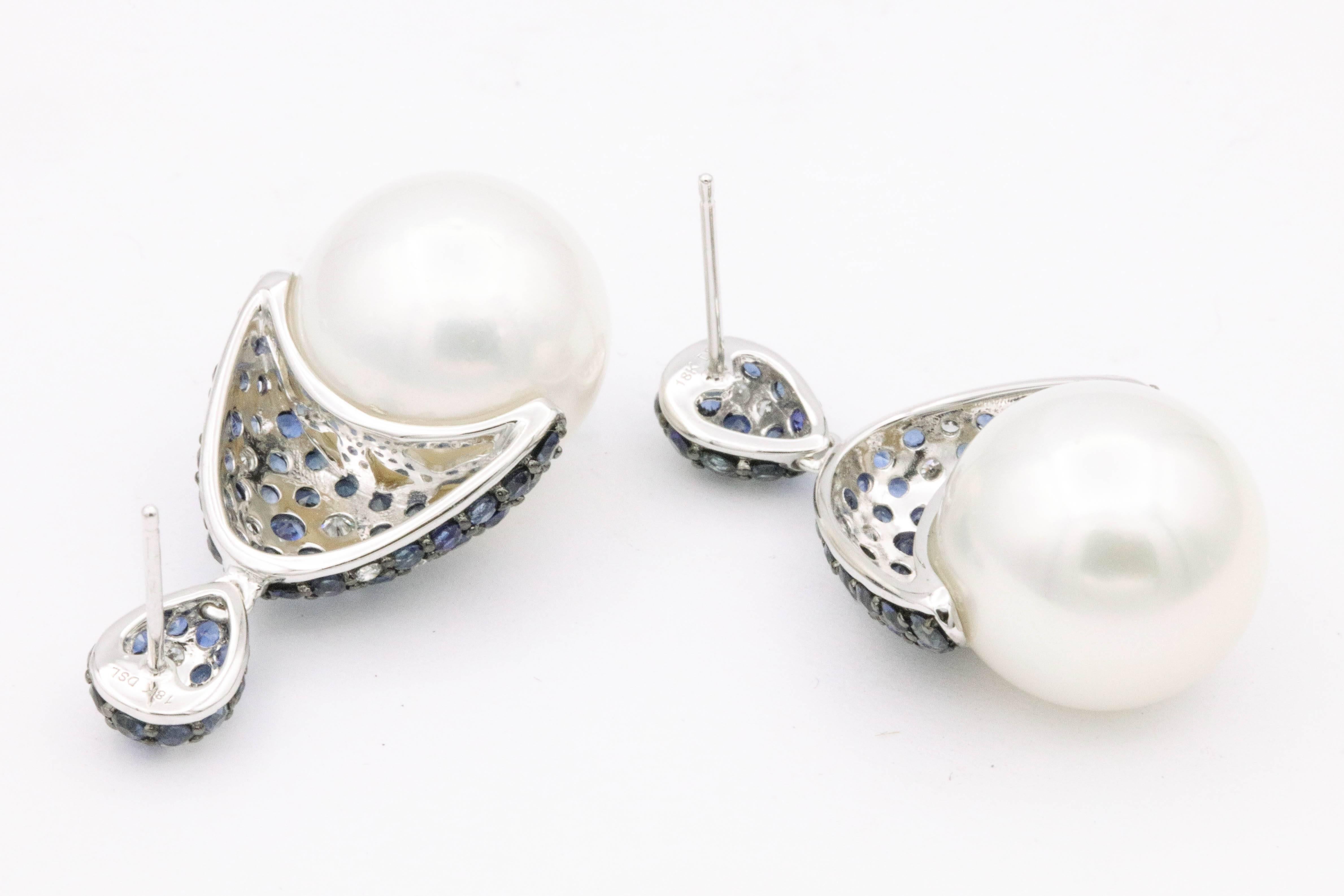 Round Cut Sapphire and Diamonds with South Sea Pearl Earrings For Sale