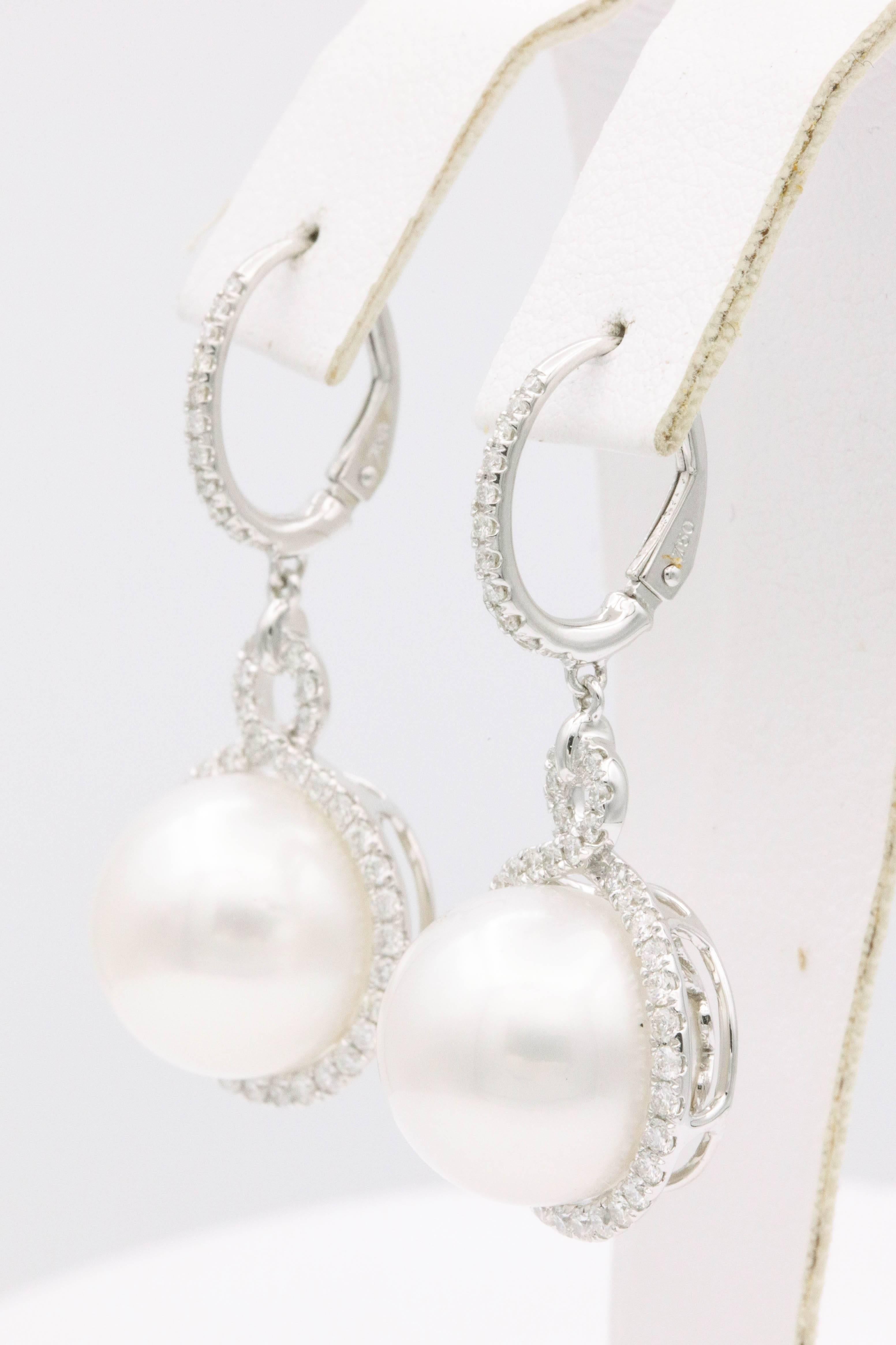 Contemporary South Sea Pearl and Diamond Dangle Earrings For Sale