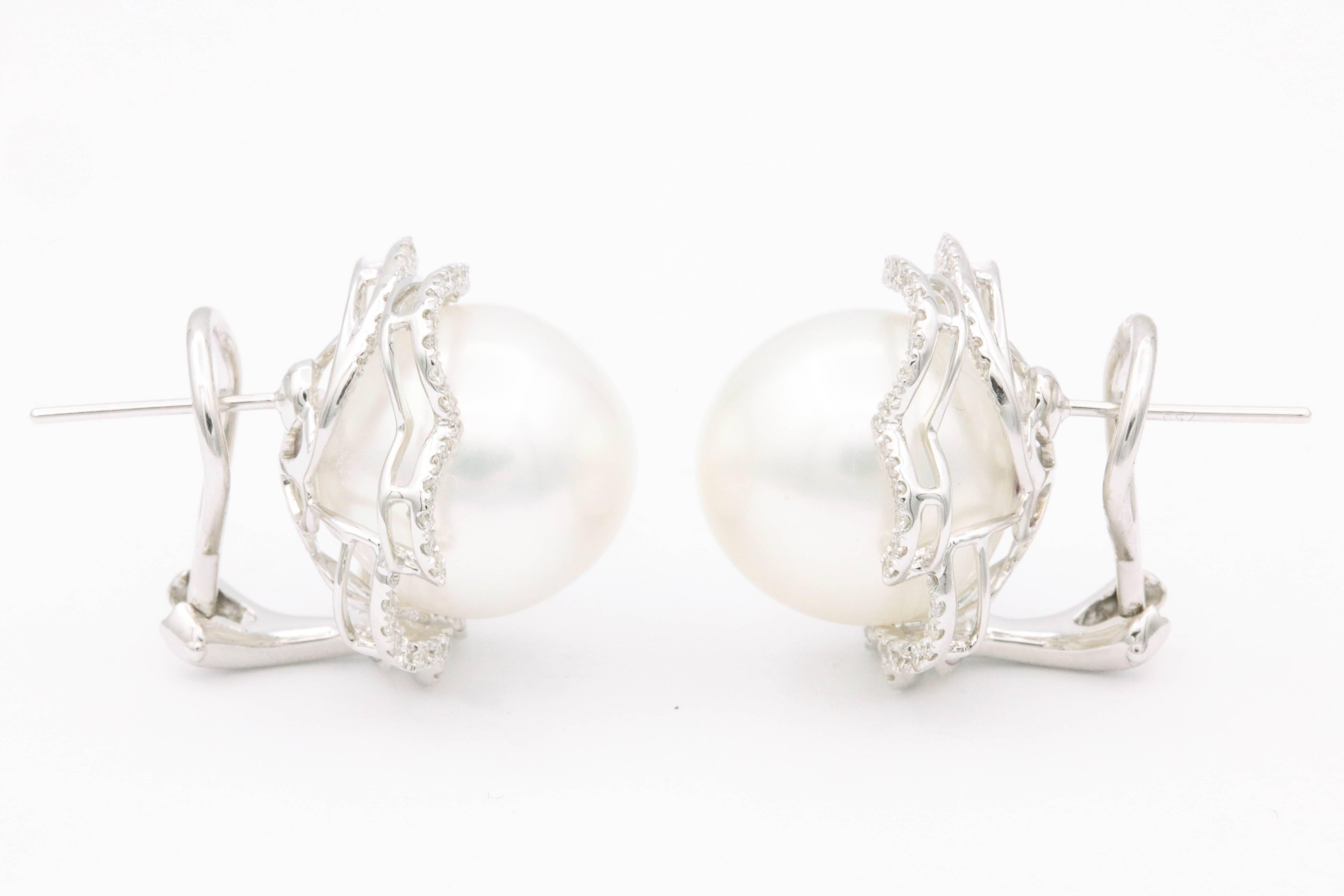 Contemporary South Sea Pearl Diamond Floral Halo Earrings 0.60 Carats 18K