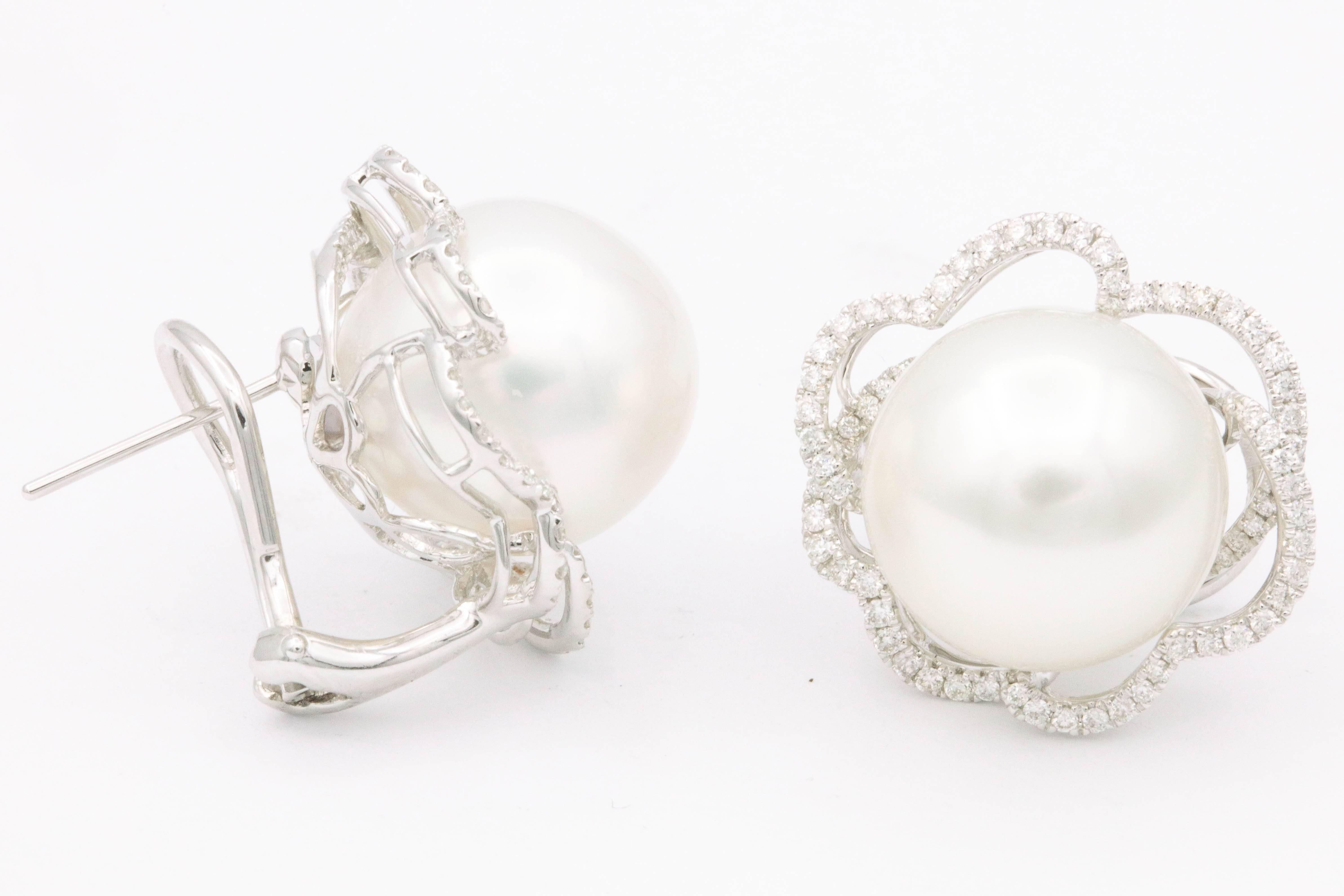 South Sea Pearl Diamond Floral Halo Earrings 0.60 Carats 18K In New Condition In New York, NY
