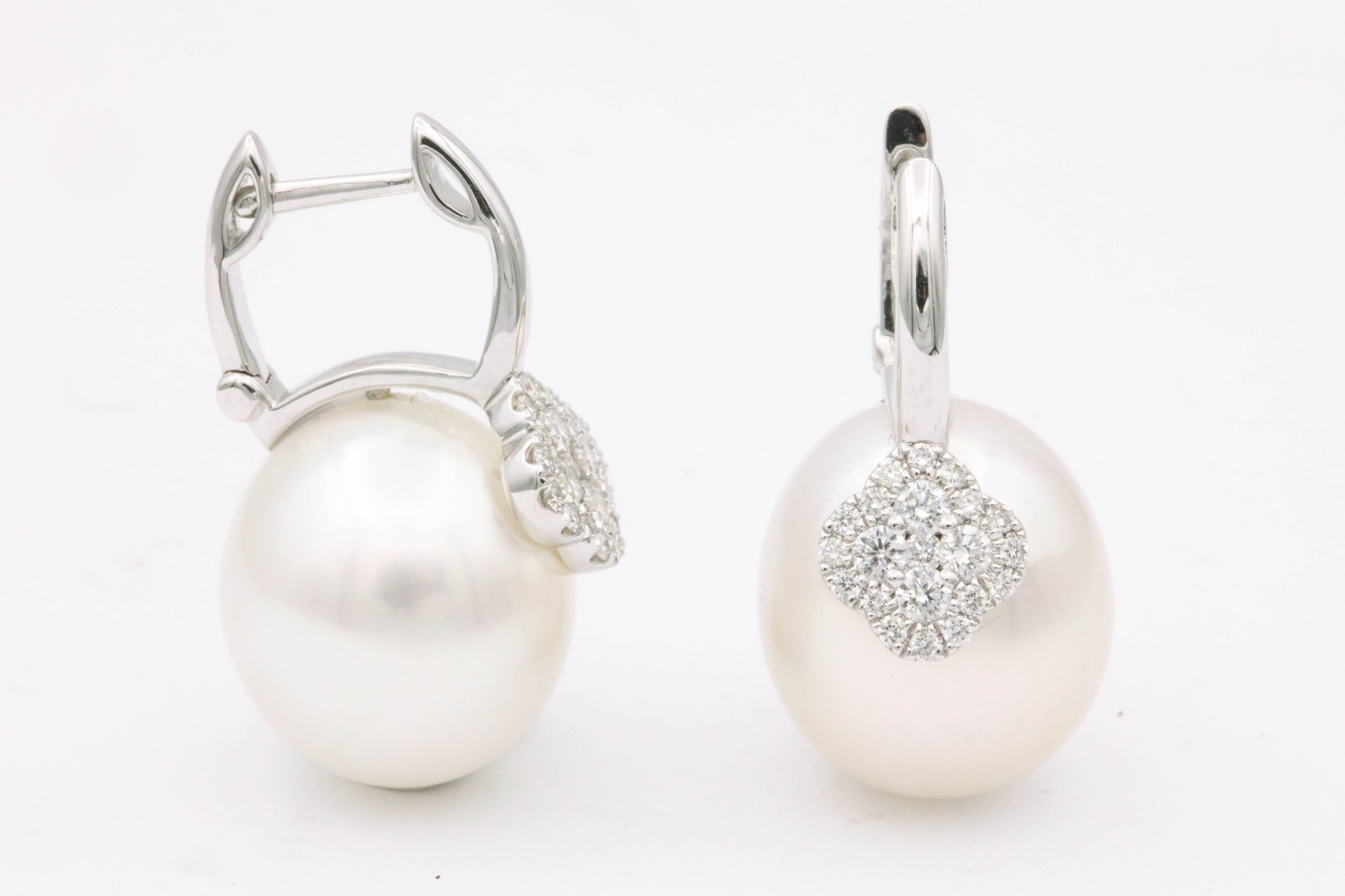 Round Cut South Sea Pearl Oval Shape Drop Earrings with Diamond Accent
