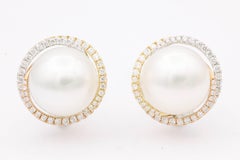 South Sea Pearl Studs and Halo Diamonds in Yellow White Rose Gold Earrings
