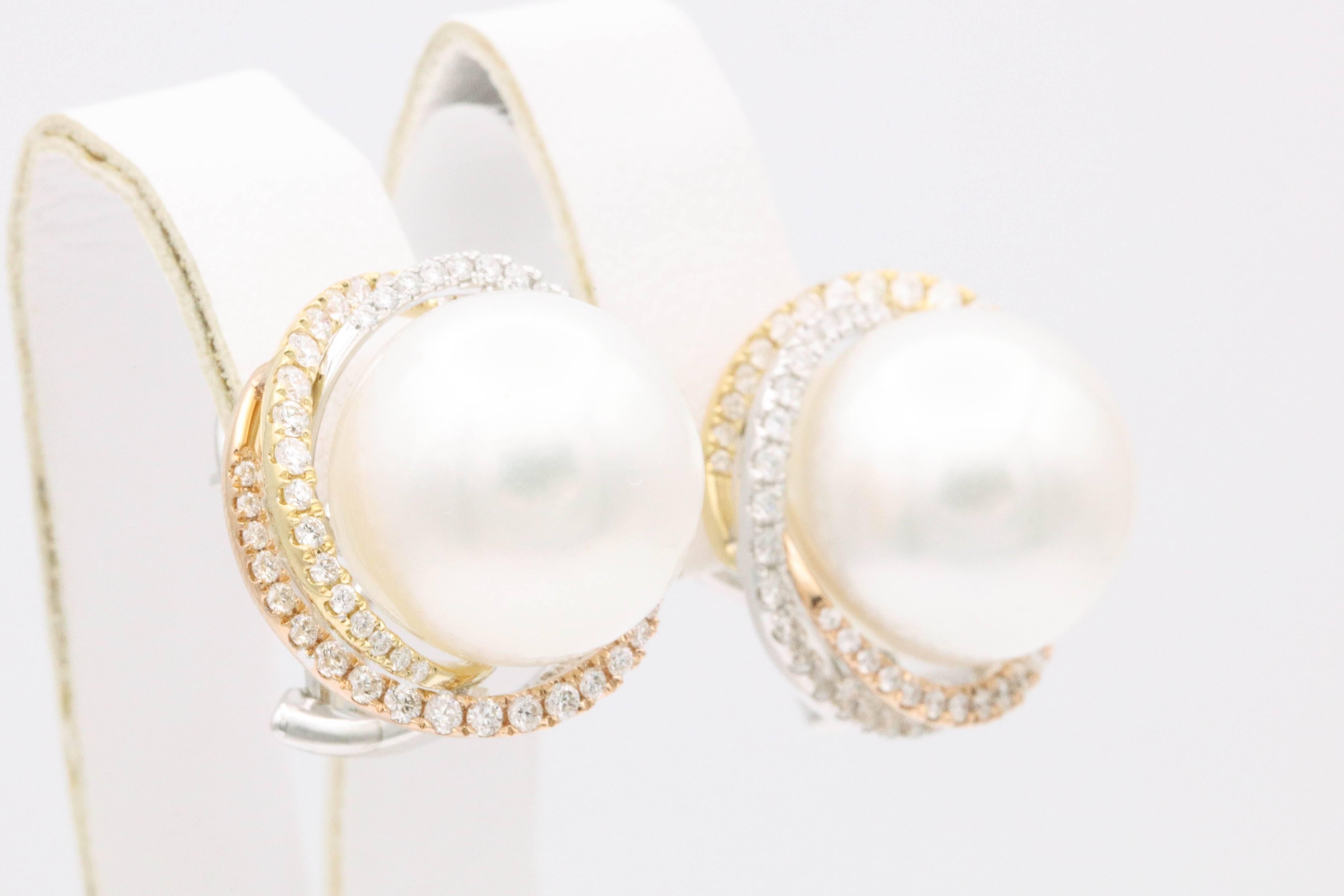 Contemporary South Sea Pearl Studs and Halo Diamonds in Yellow White Rose Gold Earrings For Sale