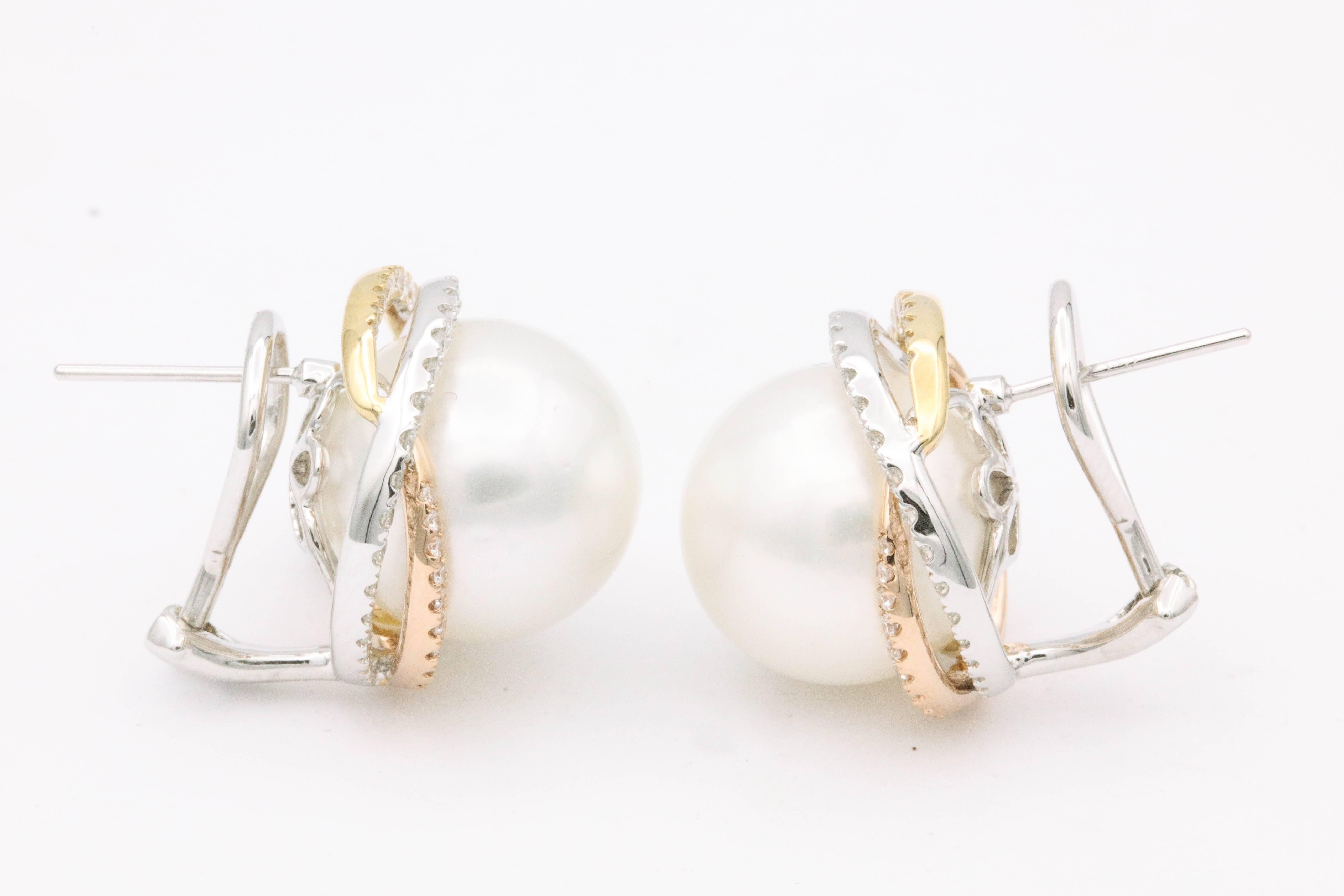 Round Cut South Sea Pearl Studs and Halo Diamonds in Yellow White Rose Gold Earrings For Sale