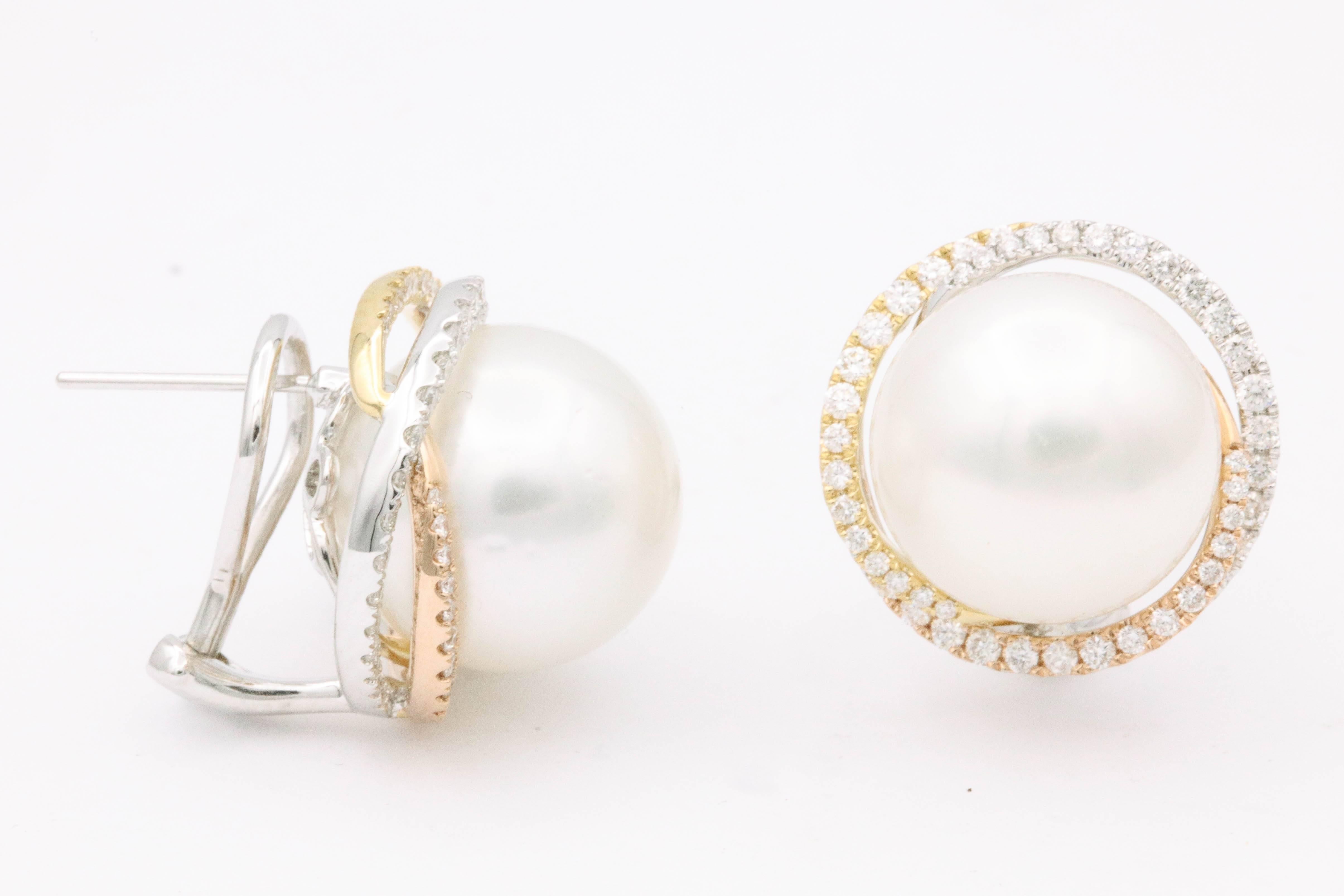 South Sea Pearl Studs and Halo Diamonds in Yellow White Rose Gold Earrings In New Condition For Sale In New York, NY