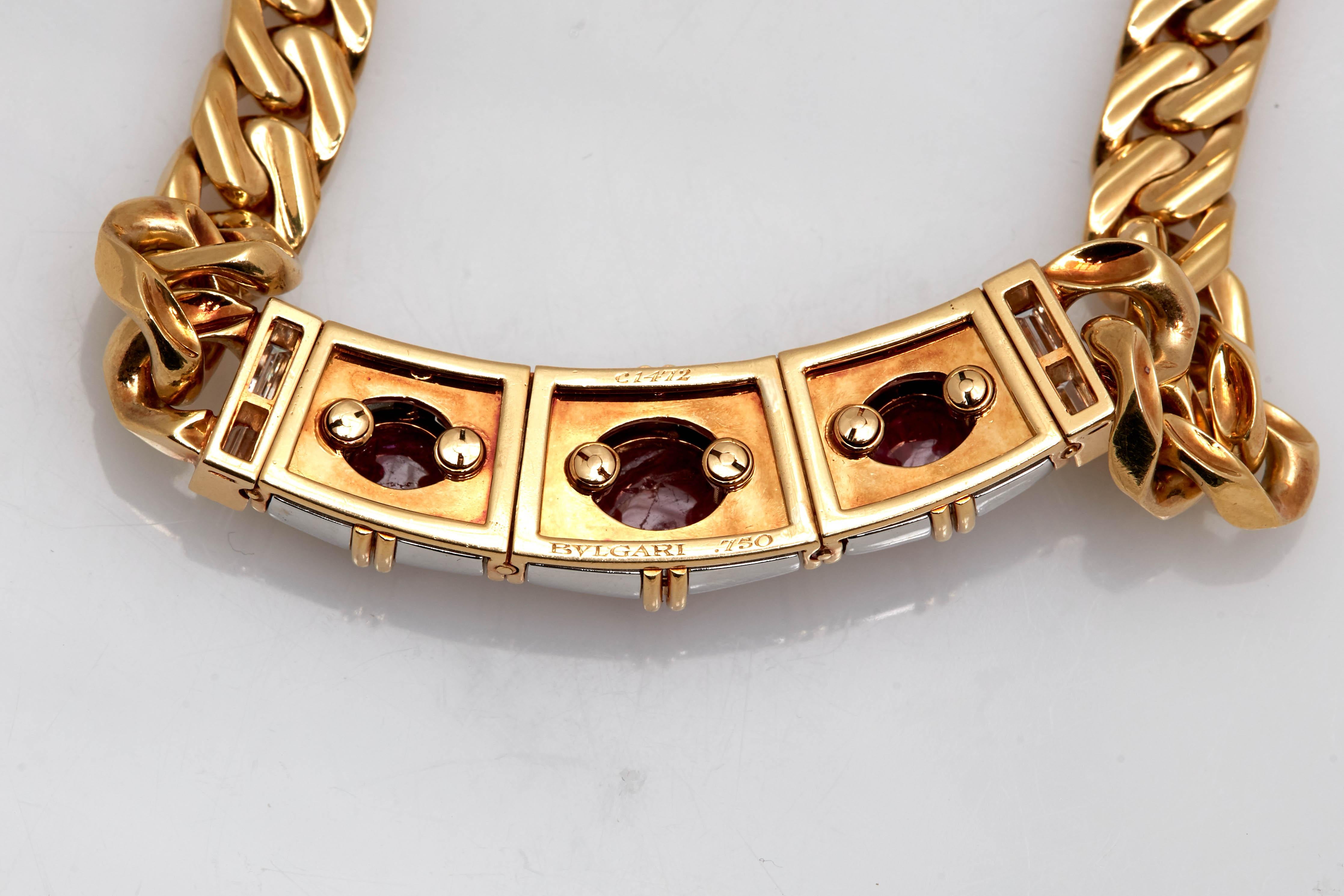 A rare Bulgari chain necklace in 18kt yellow and white gold, accented with diamonds, showcasing three natural no-heat Burma rubies (app. 9crts total). Made in Italy, circa 1970