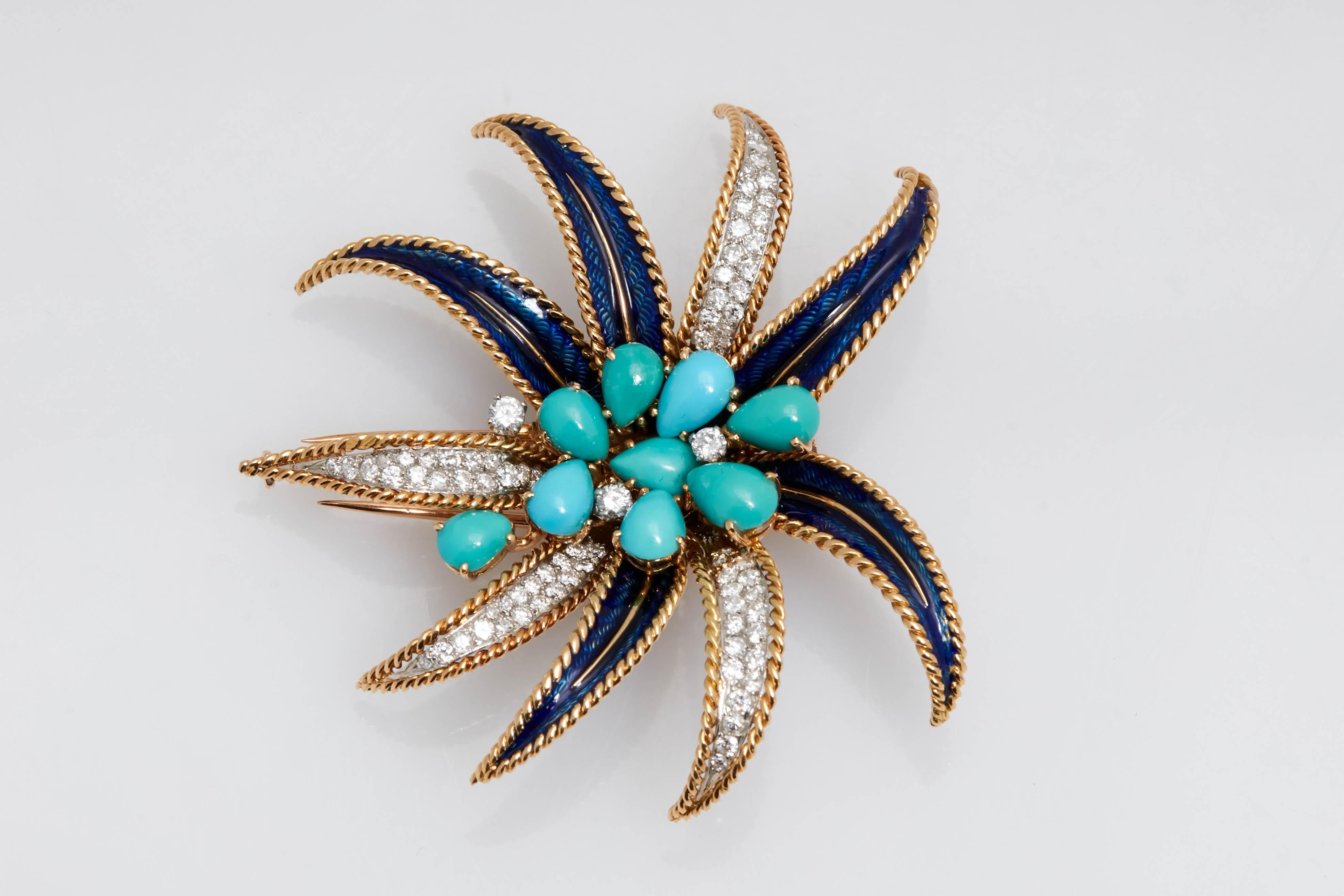 An unusual Bulgari brooch mounted in 18kt yellow gold resembling a Palm tree branch, embellished with turquoise, diamonds and fine blue enameling. Made in Italy, circa 1965