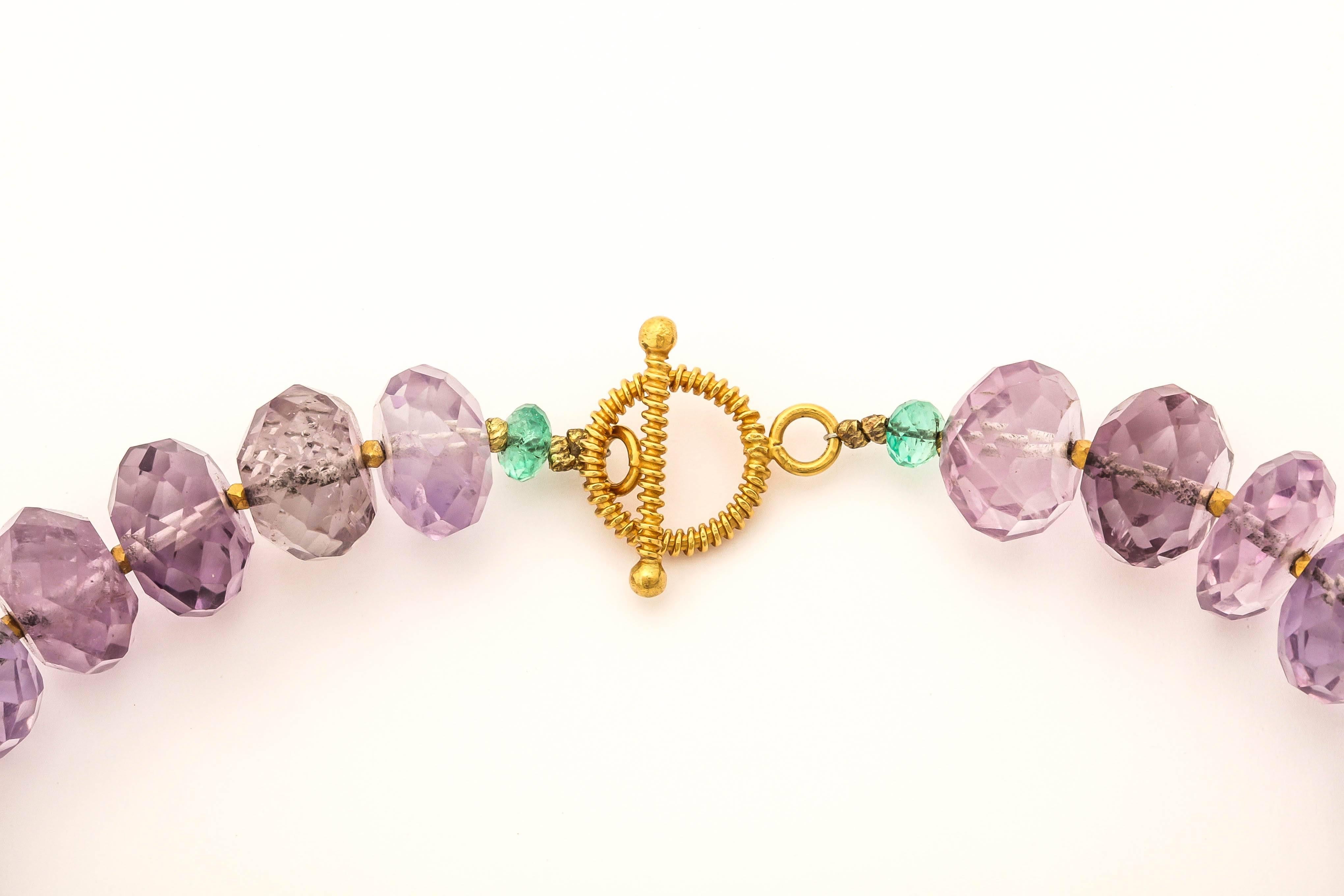 Artisan Amethyst Emerald Gold Bead Necklace For Sale