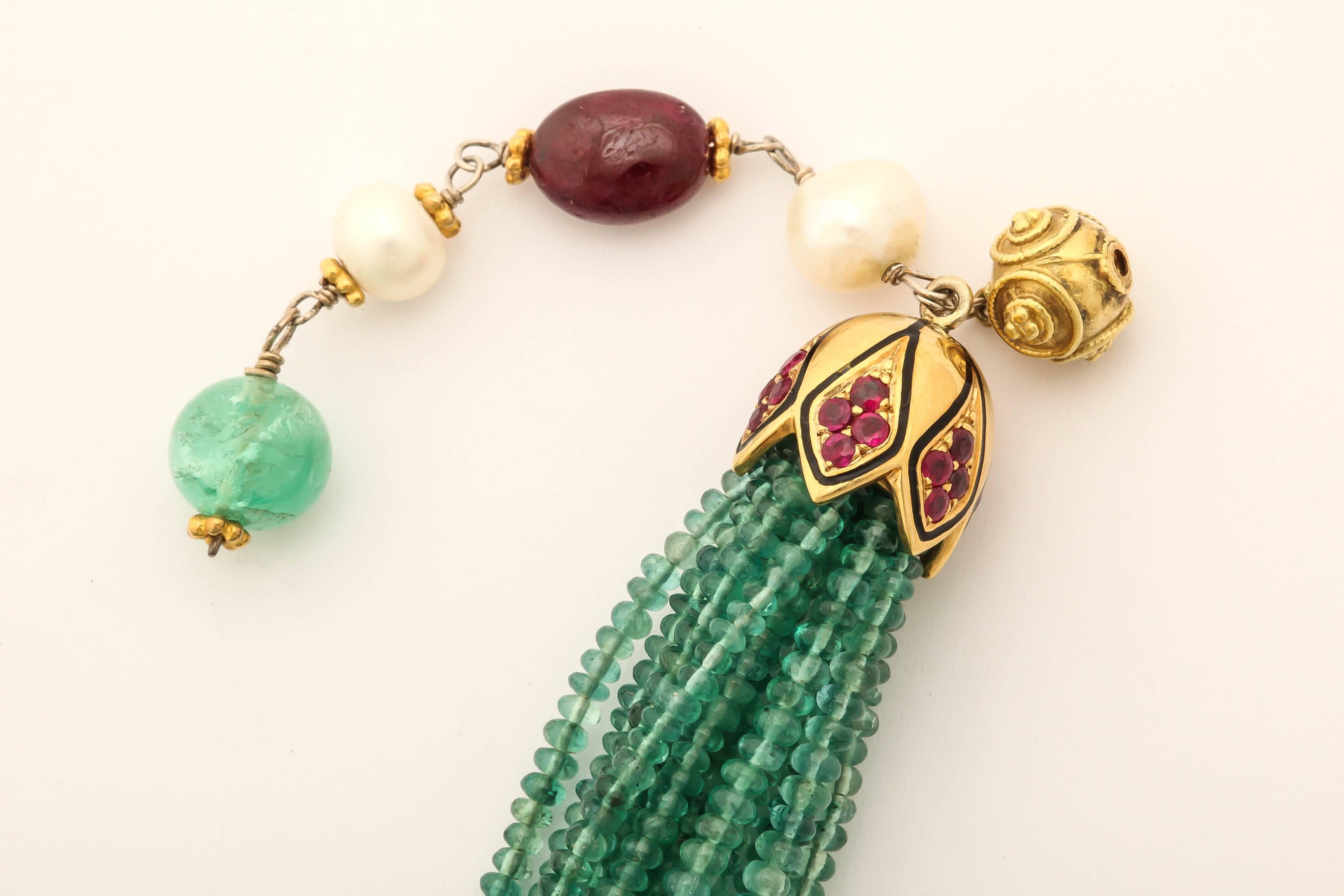 Women's Unique Emerald  ruby and Pearl Bead Bracelet For Sale