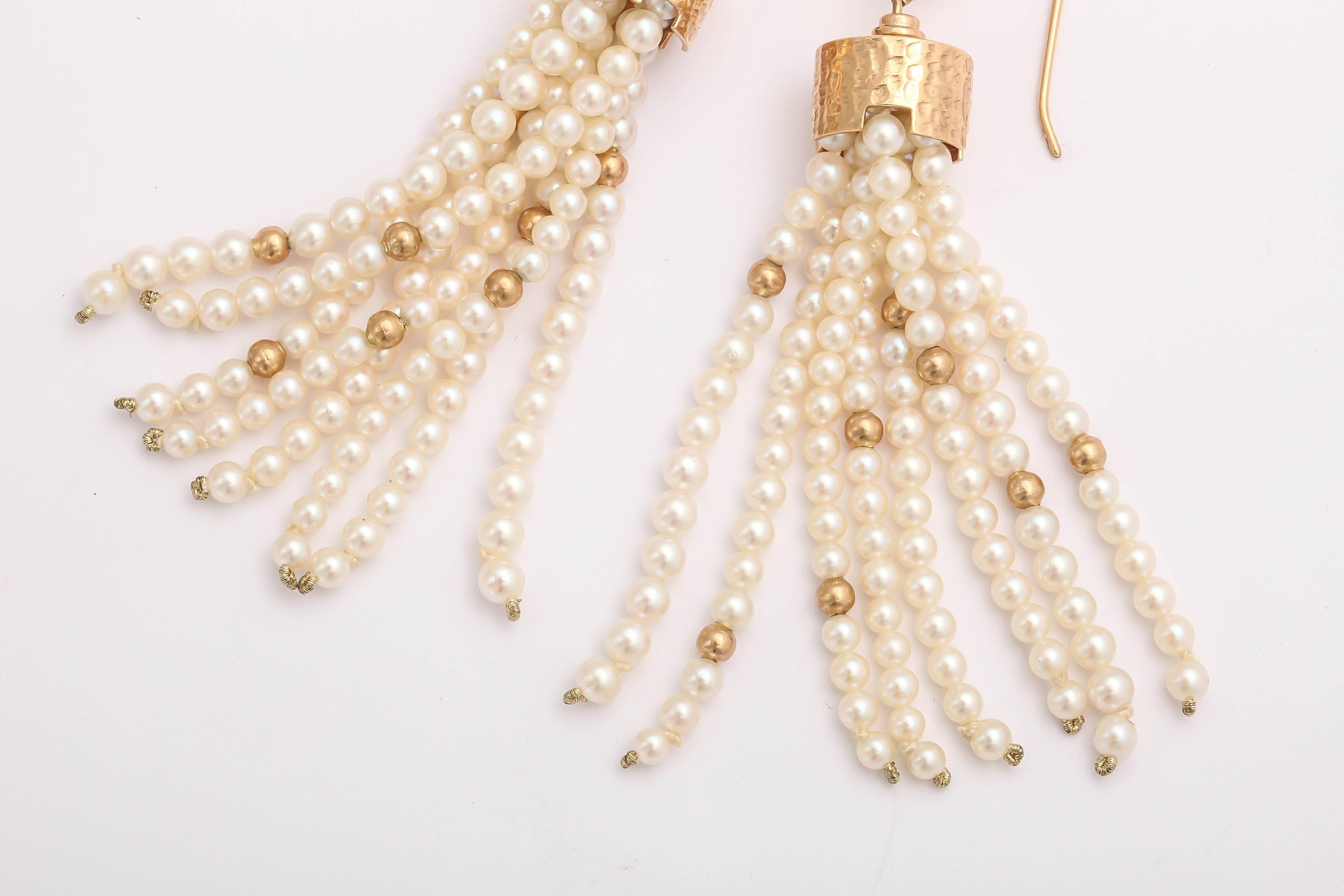 Women's or Men's Striking Pearl and Gold Tassel Earrings For Sale