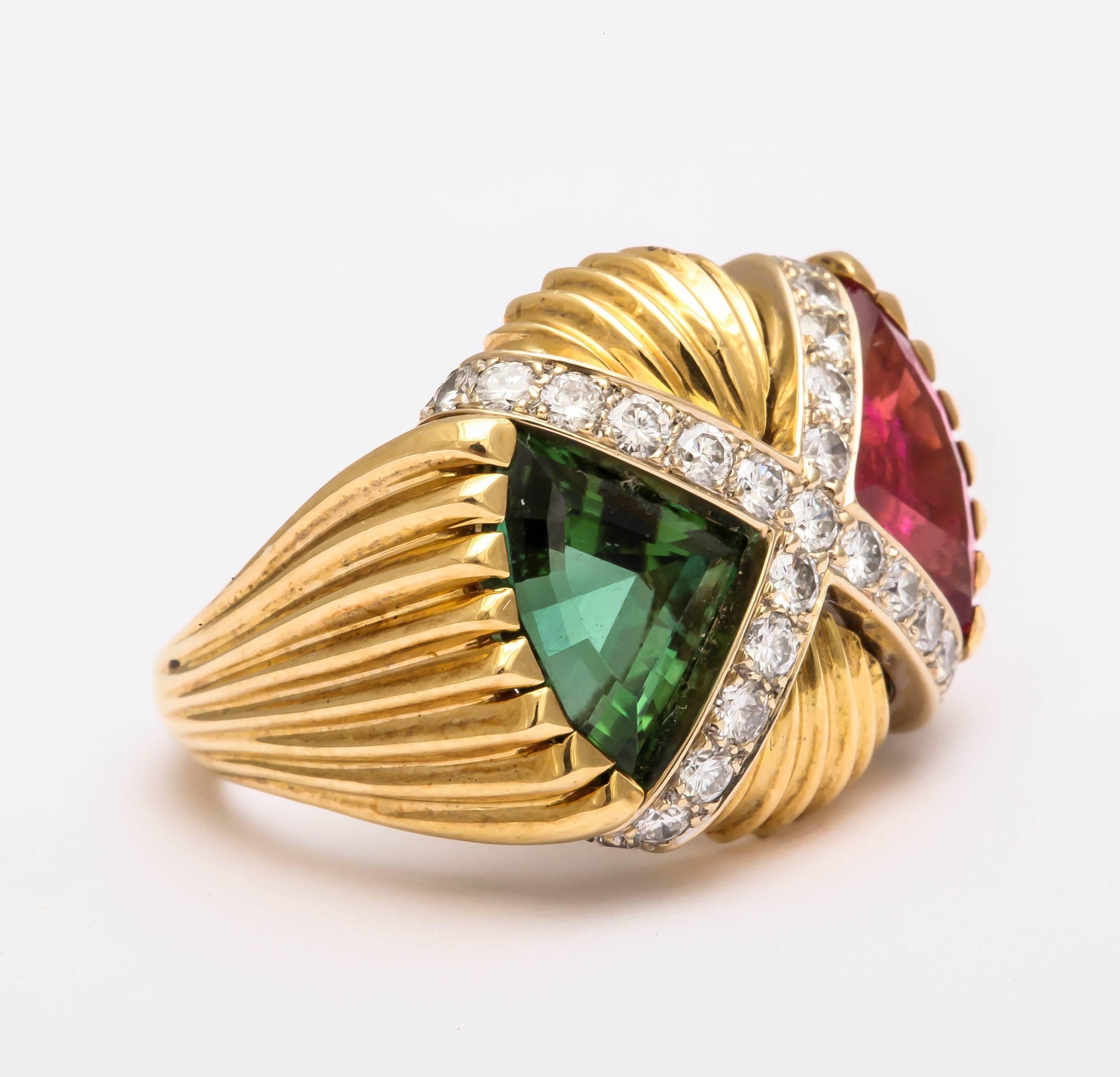 Artisan Impressive Pink and Green Tourmaline Diamond Gold Ring For Sale