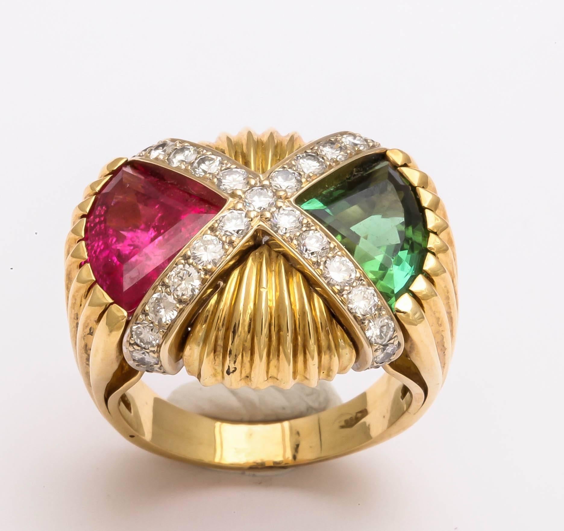 Impressive Pink and Green Tourmaline Diamond Gold Ring For Sale 1