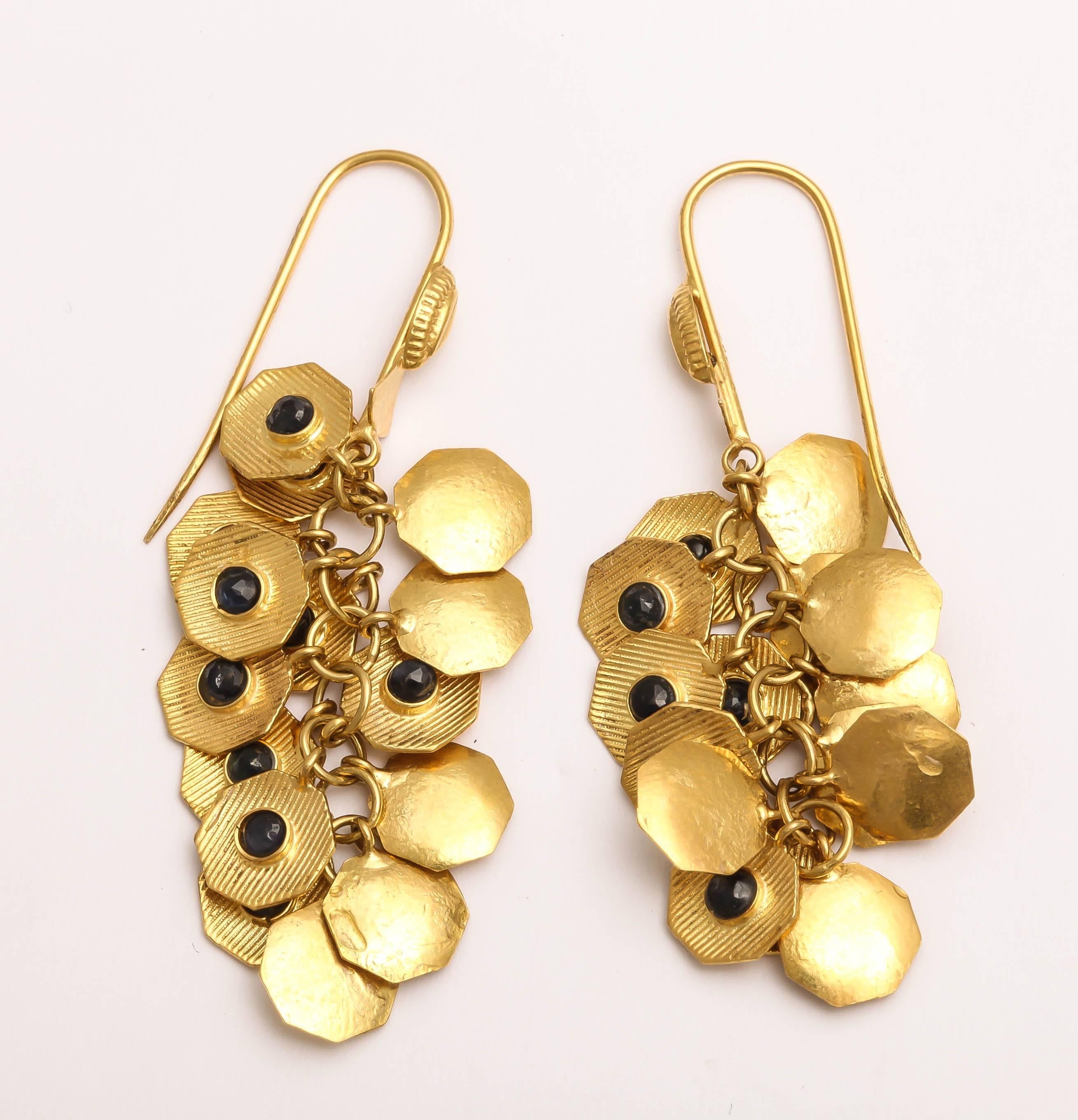 Artisan Sapphire Gold Dangle Earrings For Sale