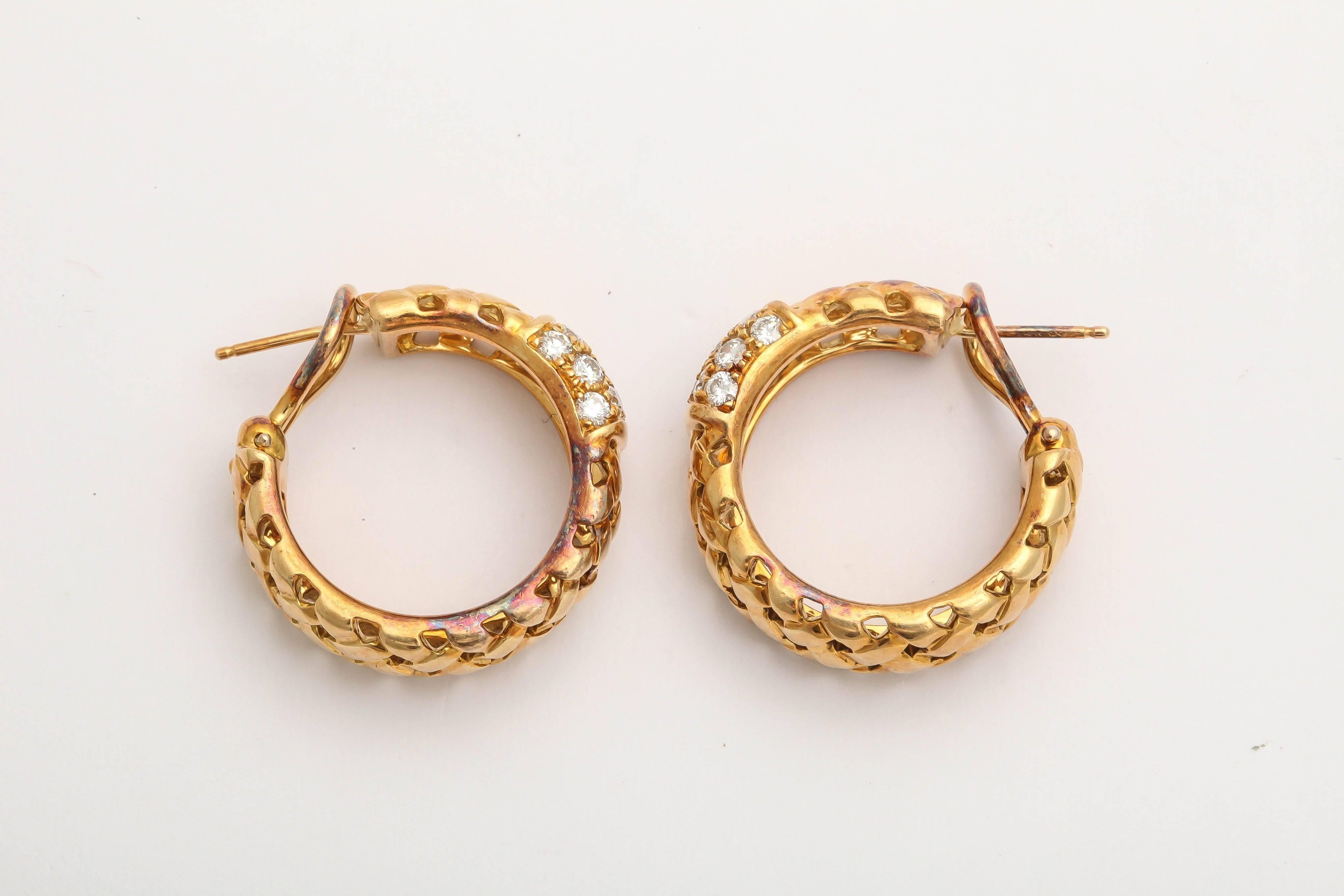Women's Tiffany & Co. Diamond Gold Basket Weave Design Hoop Earrings