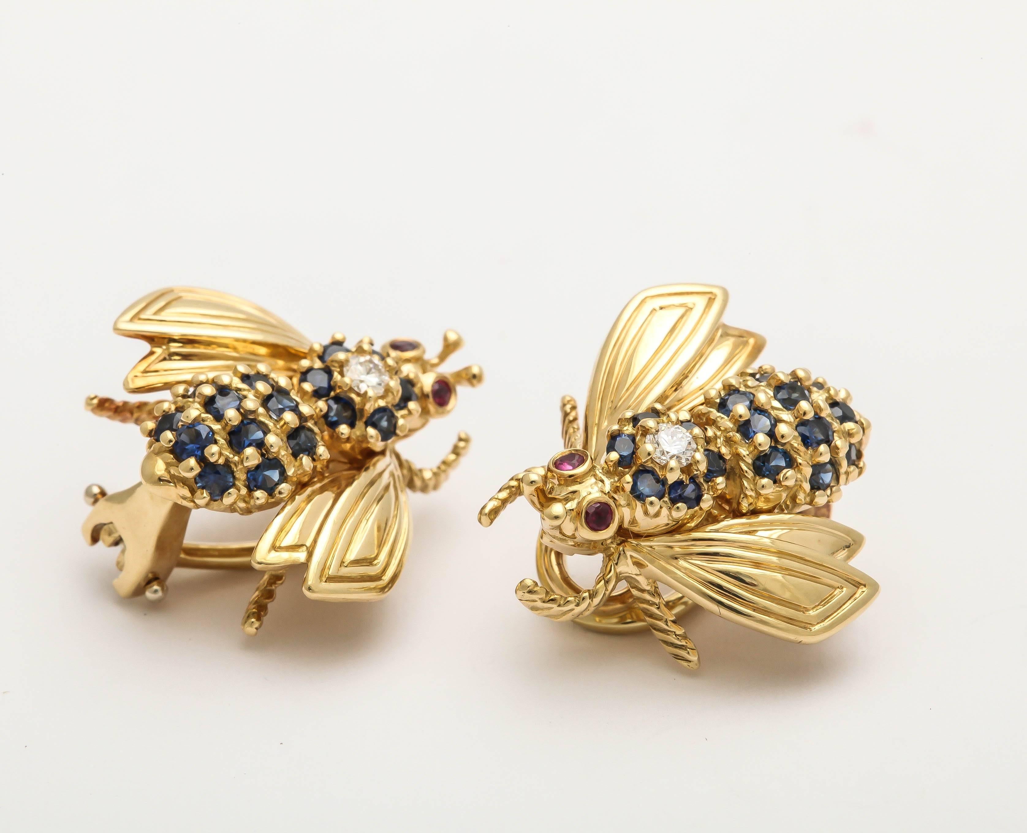 Tiffany & Co. Sapphire Ruby Diamond Gold Figural Bee Earclips 1