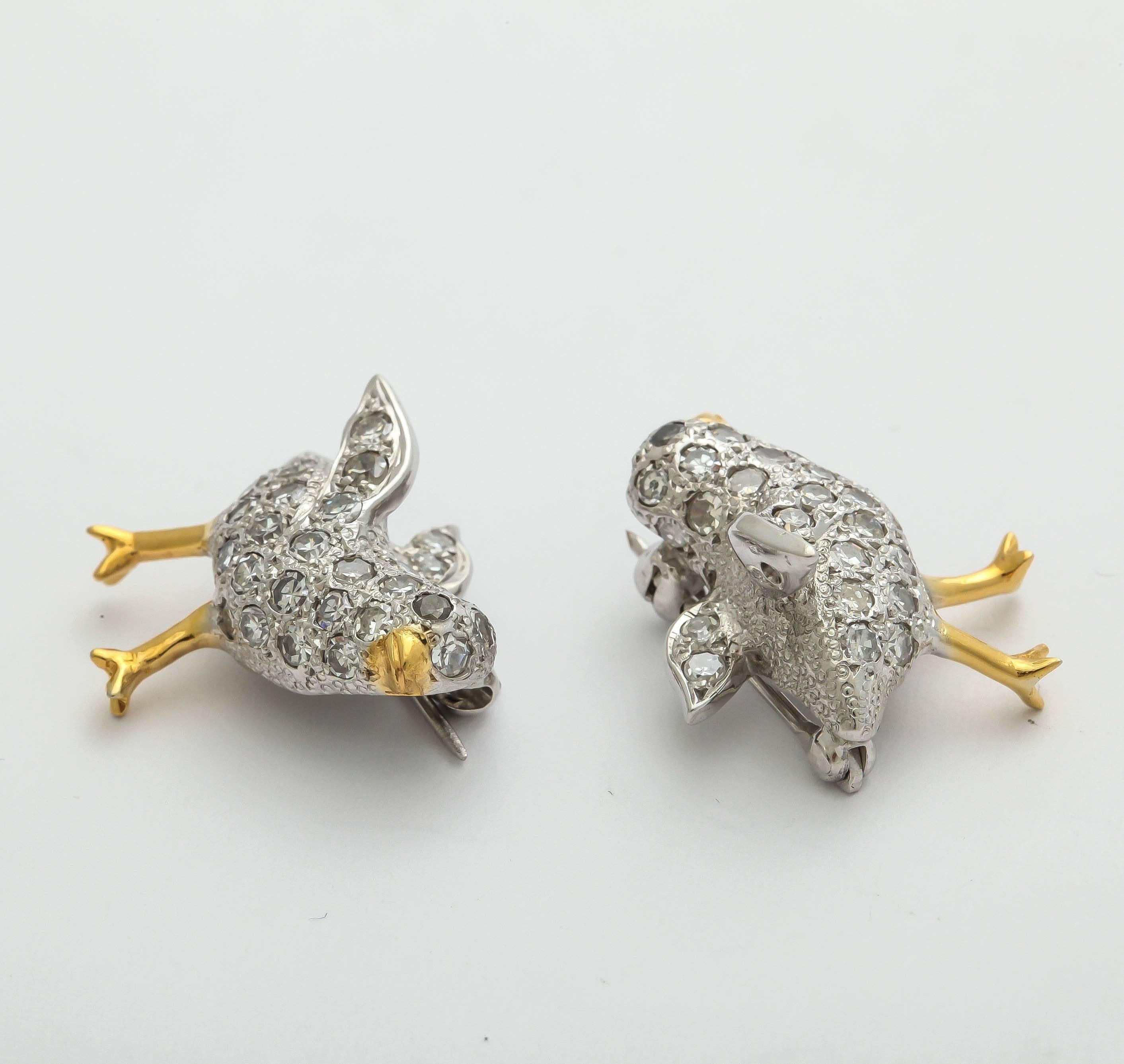 Diamond Gold Platinum Figural Chickadee Brooches In Excellent Condition In New York, NY