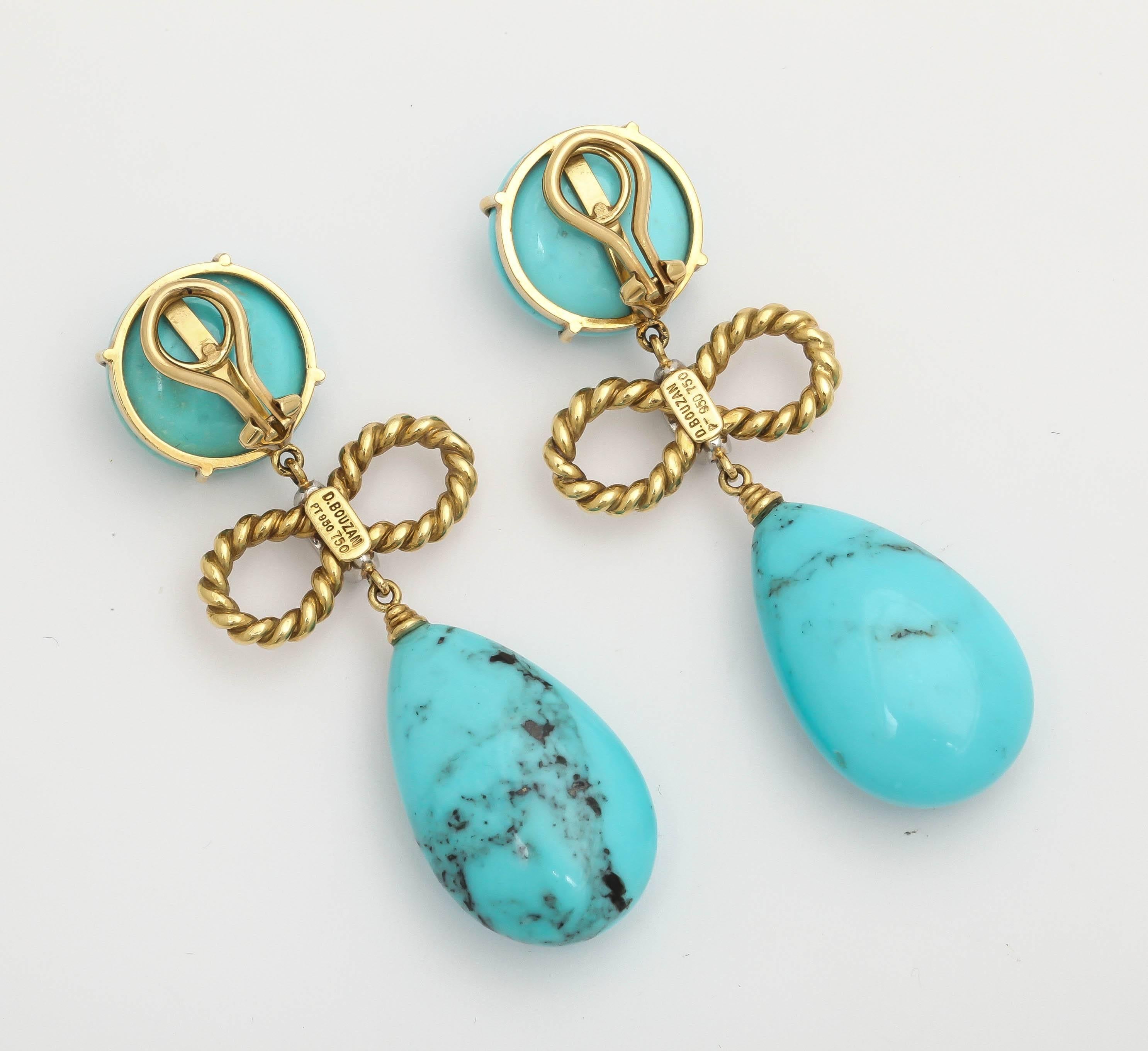 1990's Turquoise Diamond Platinum Gold  Pendant Earrings In Excellent Condition In New York, NY