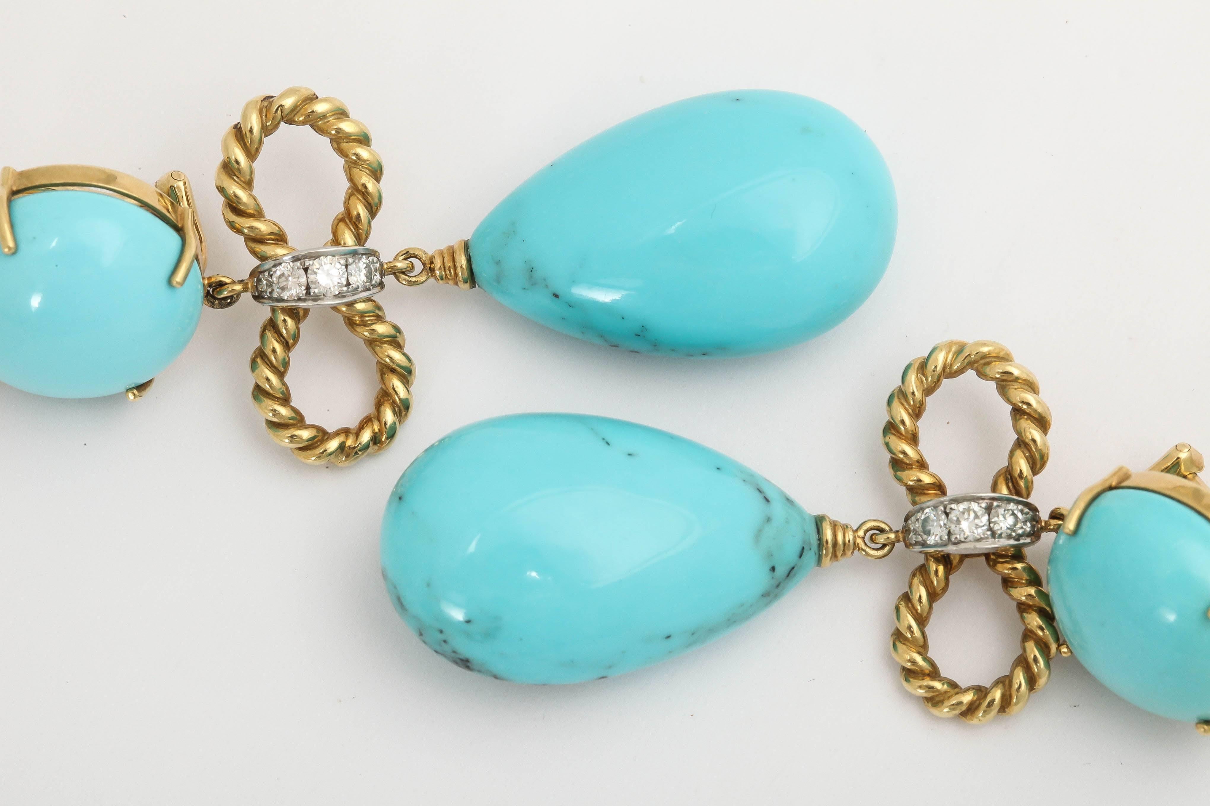 1990's Turquoise Diamond Platinum Gold  Pendant Earrings 2