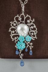 Baroque Pearl Carved Turquoise Sapphire Gold Pendant & Brooch