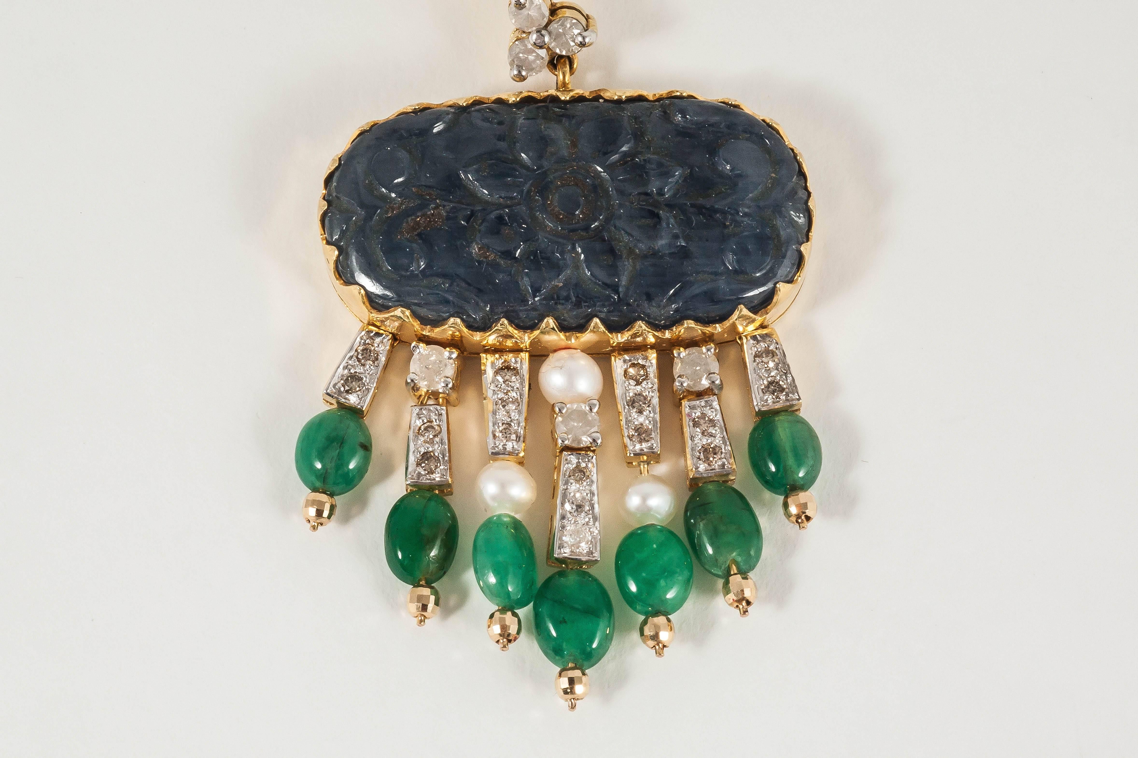 Women's Carved blue Sapphire Emerald Diamond drop Earrings For Sale